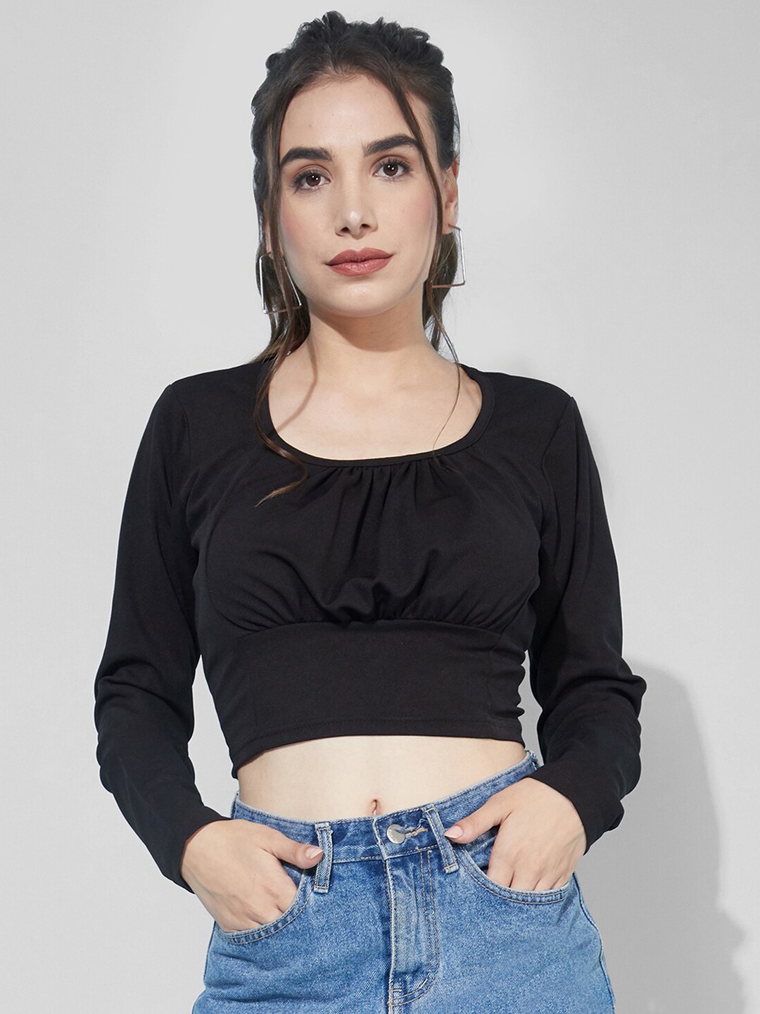 

Selvia Women Black Scuba Blouson Crop Top