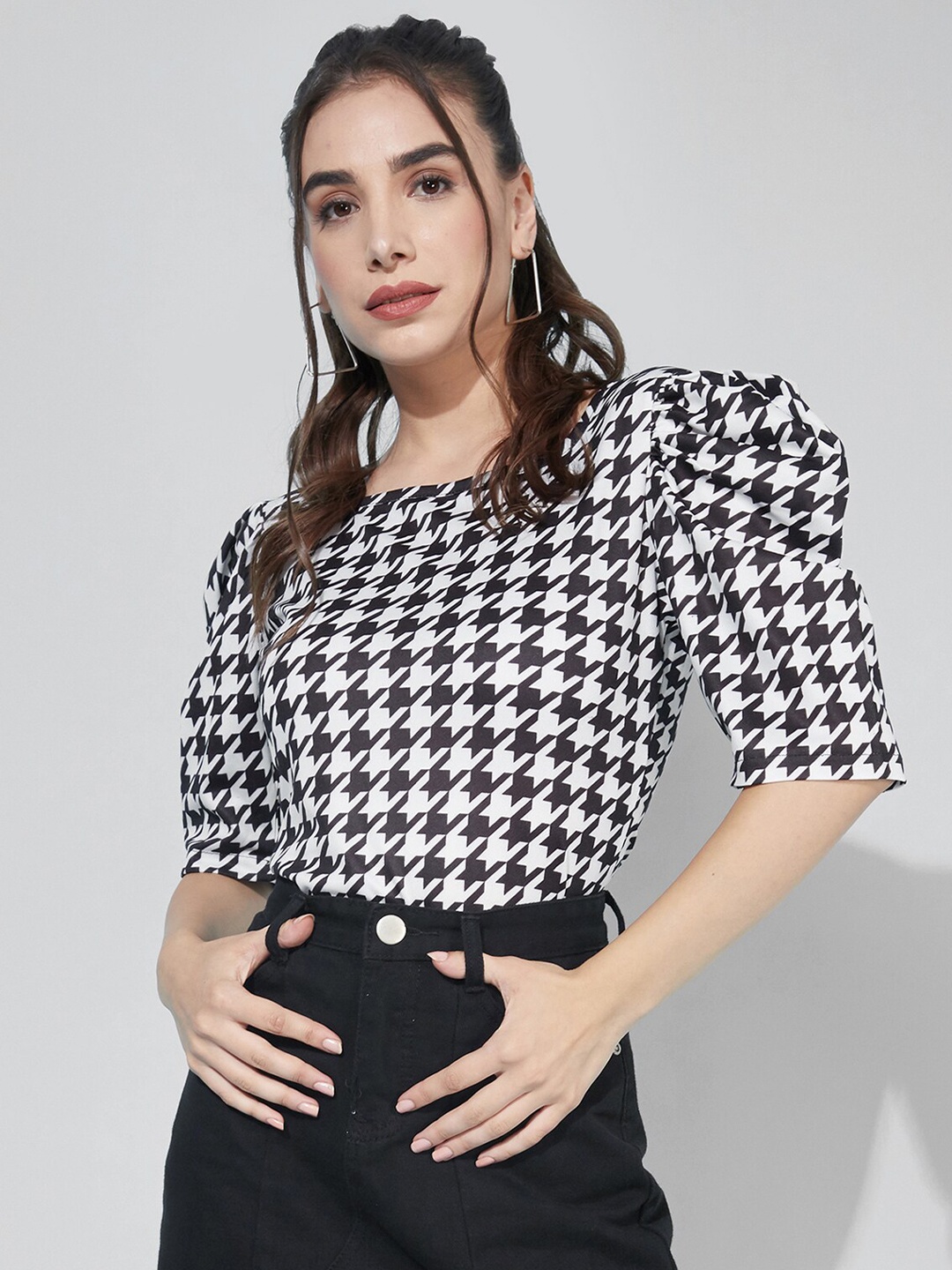 

Selvia Black Checked Scuba Blouson Top