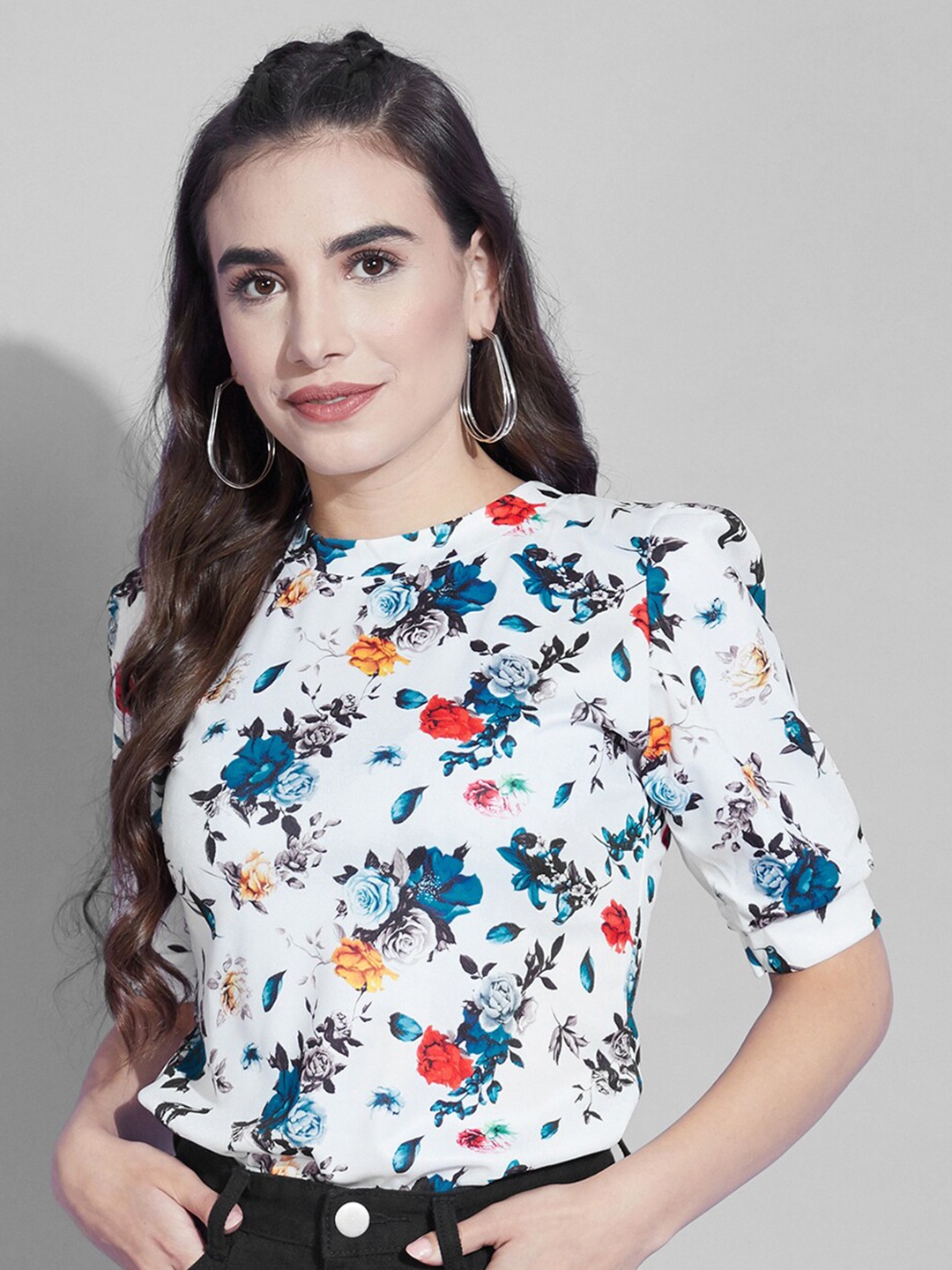 

Selvia White Floral Print Scuba Top