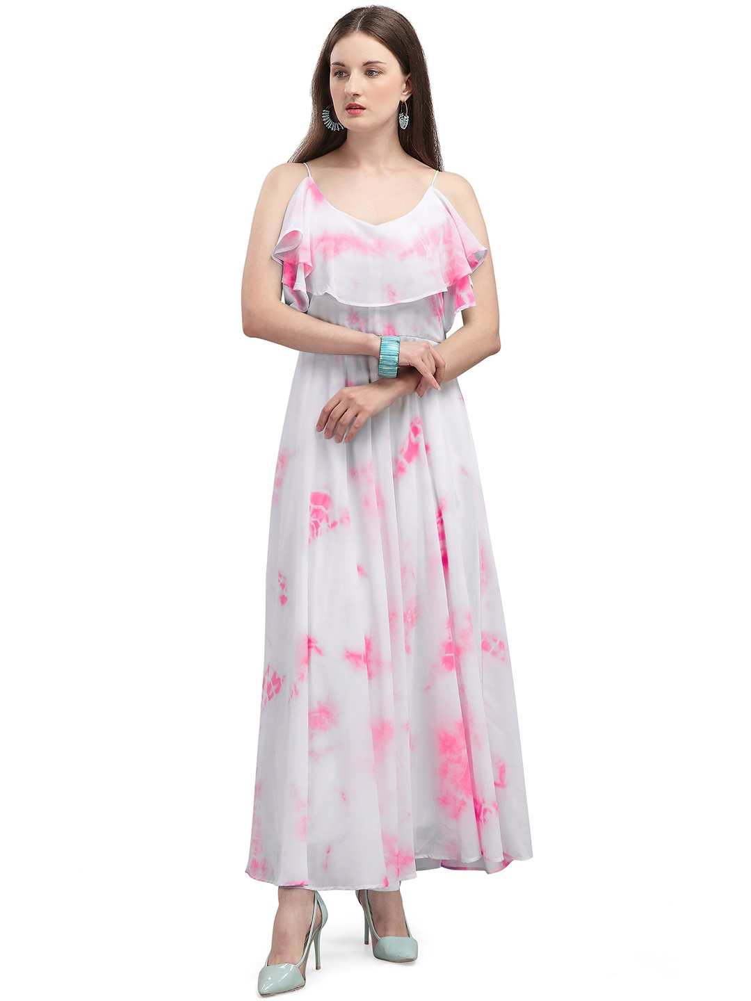 

VAANI CREATION Women Pink & White Tie & Dye Georgette Maxi Dress