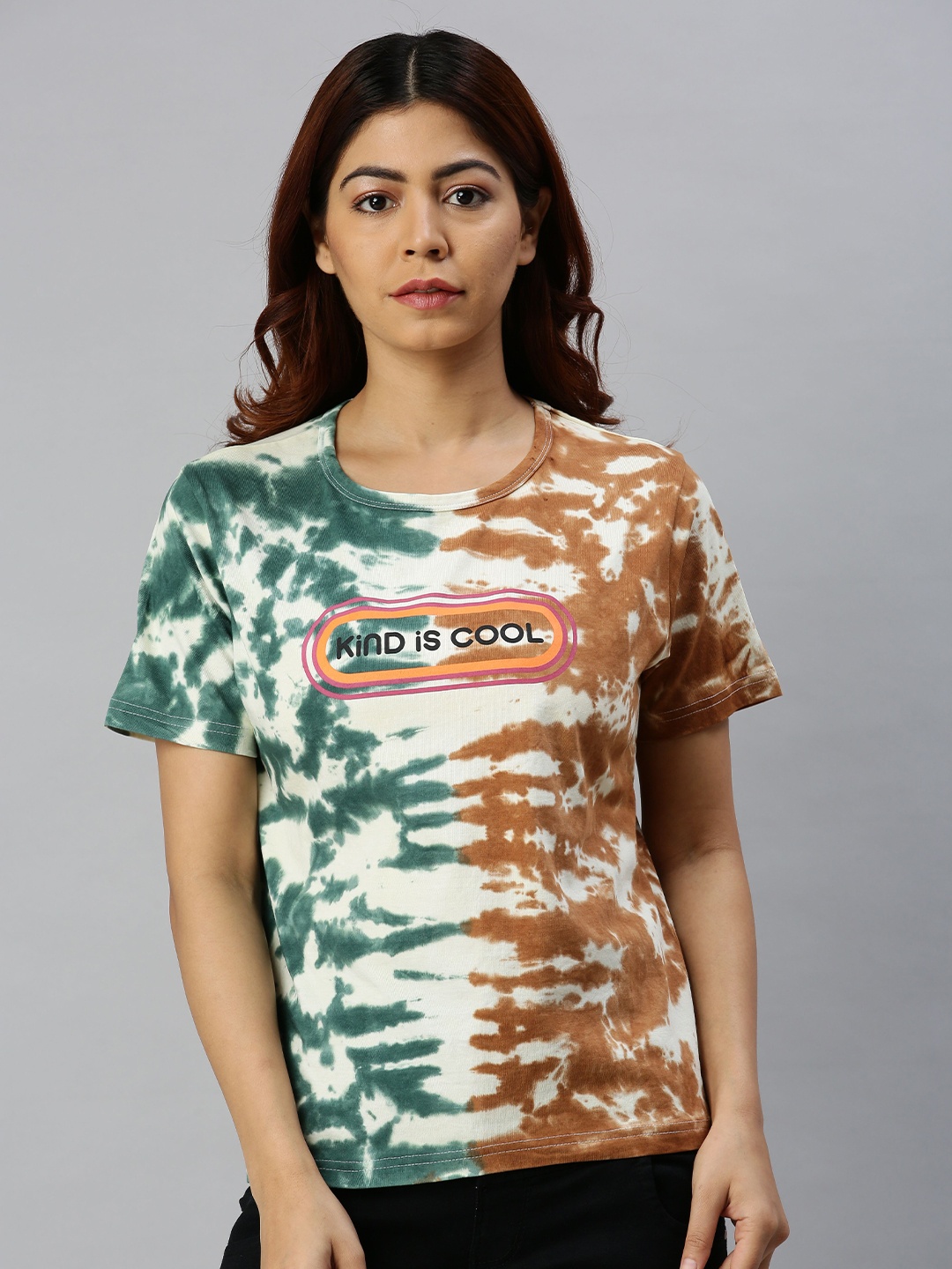

JUNEBERRY Women Green & Brown Tie and Dye Printed T-shirt