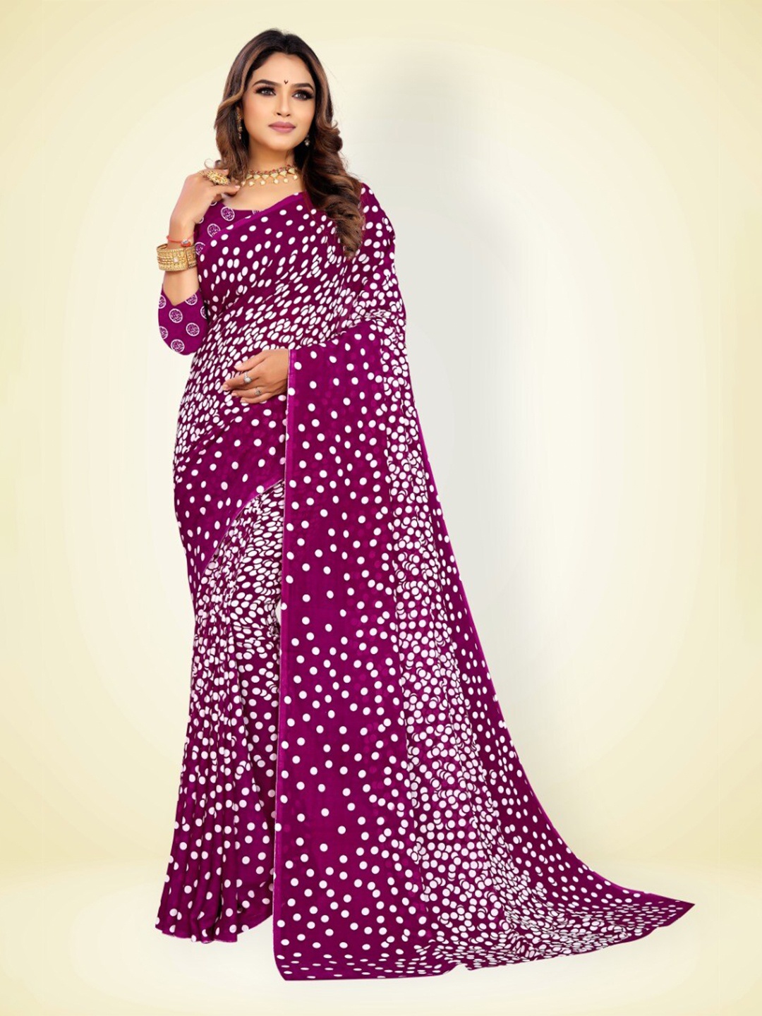 

Abhilasha Purple & White Polka Dots Printed Pure Georgette Saree