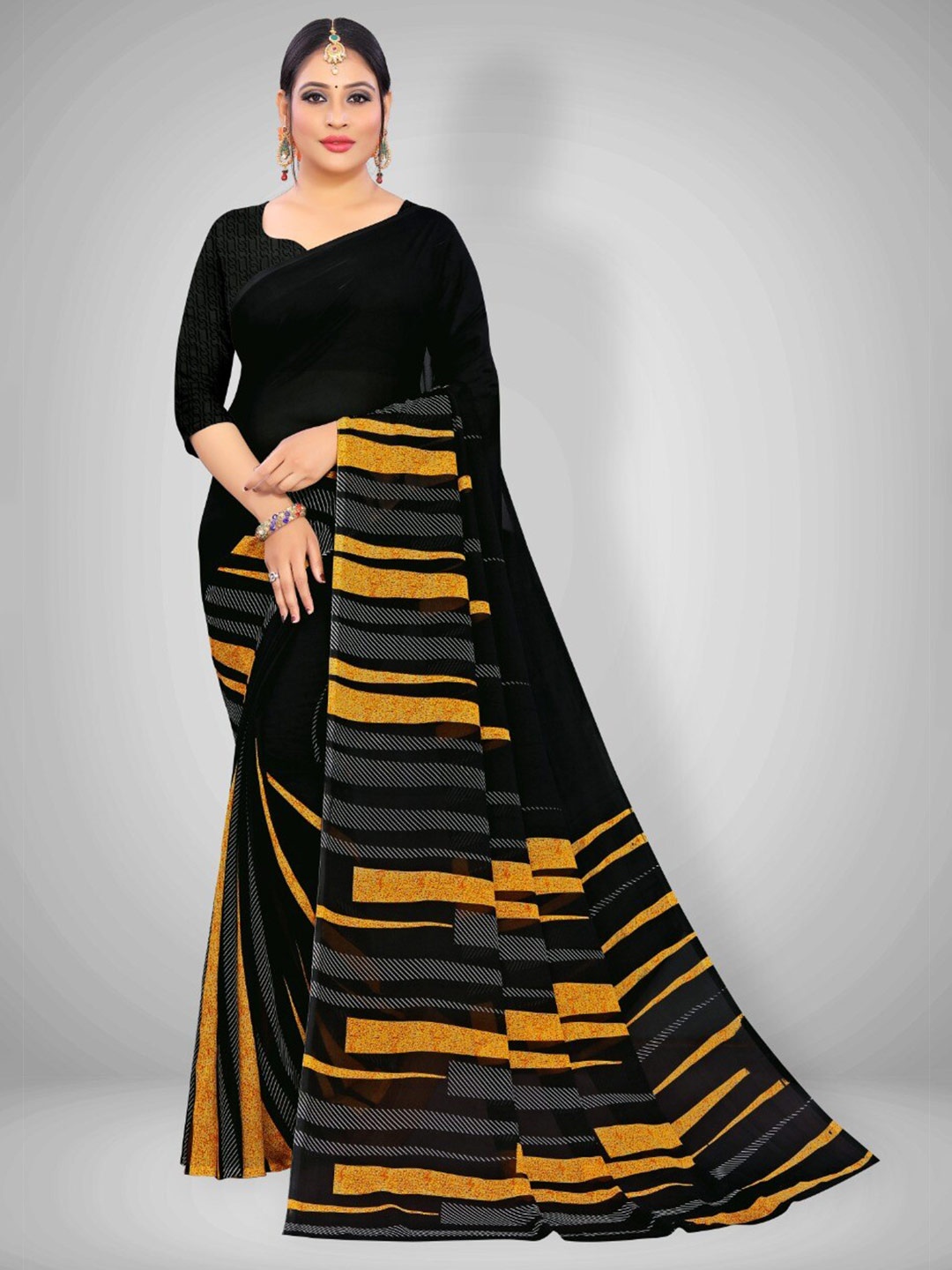 

Abhilasha Black & Orange Striped Pure Georgette Saree