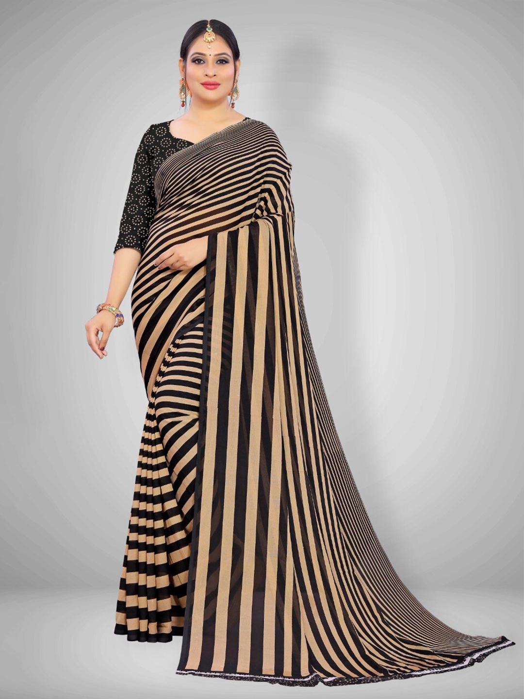 

Abhilasha Black & Cream-Coloured Striped Saree