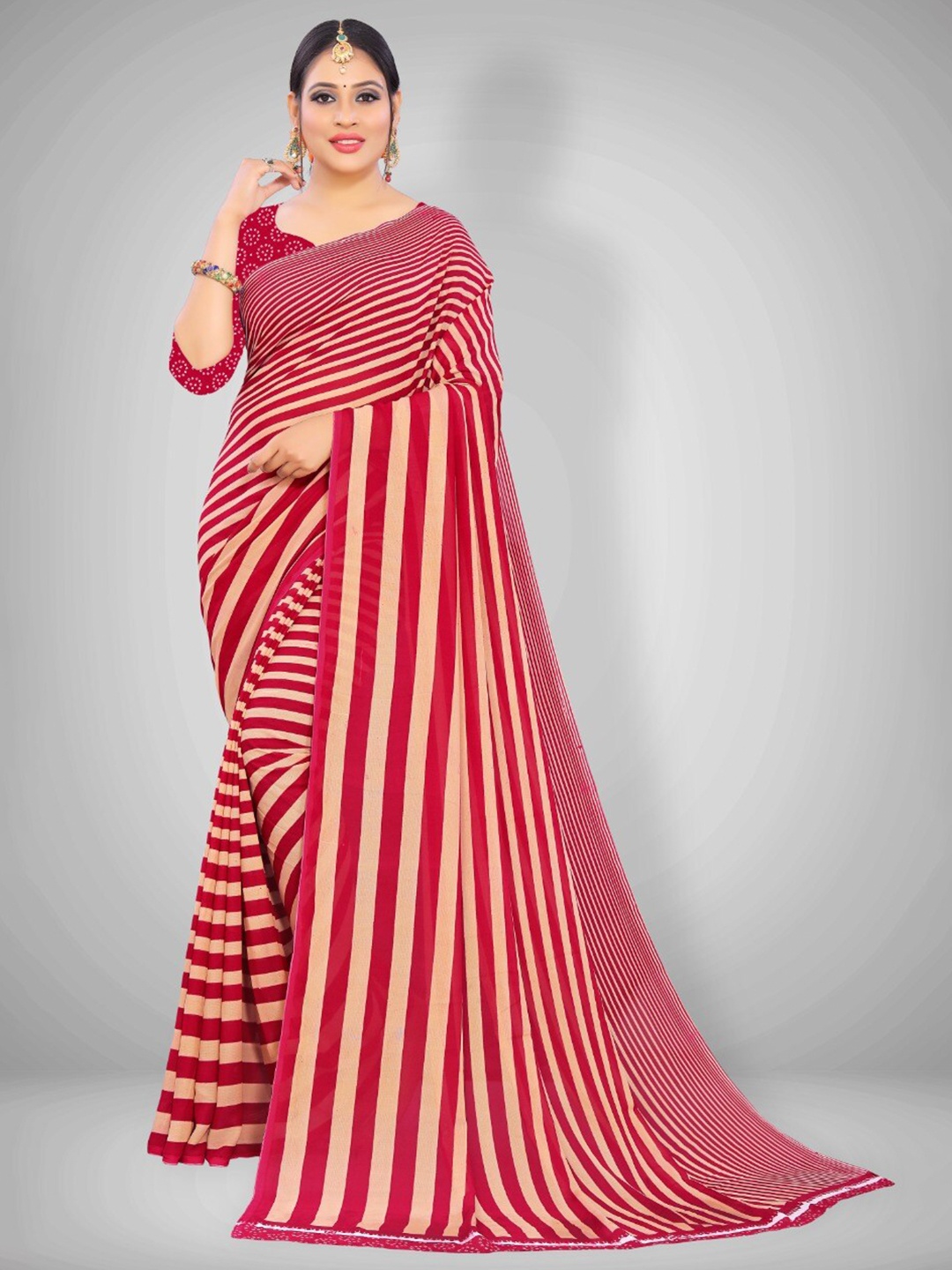 

Abhilasha Red & Cream-Coloured Striped Saree