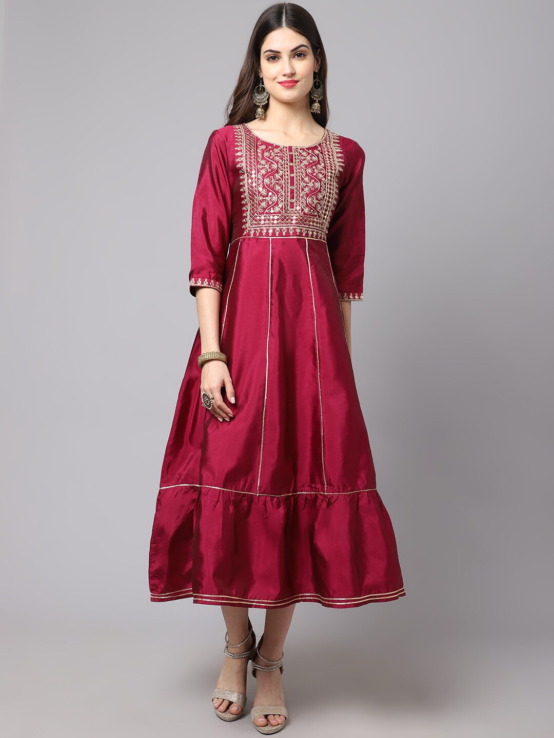 

ANAISA Maroon Ethnic Motifs A-Line Midi Dress