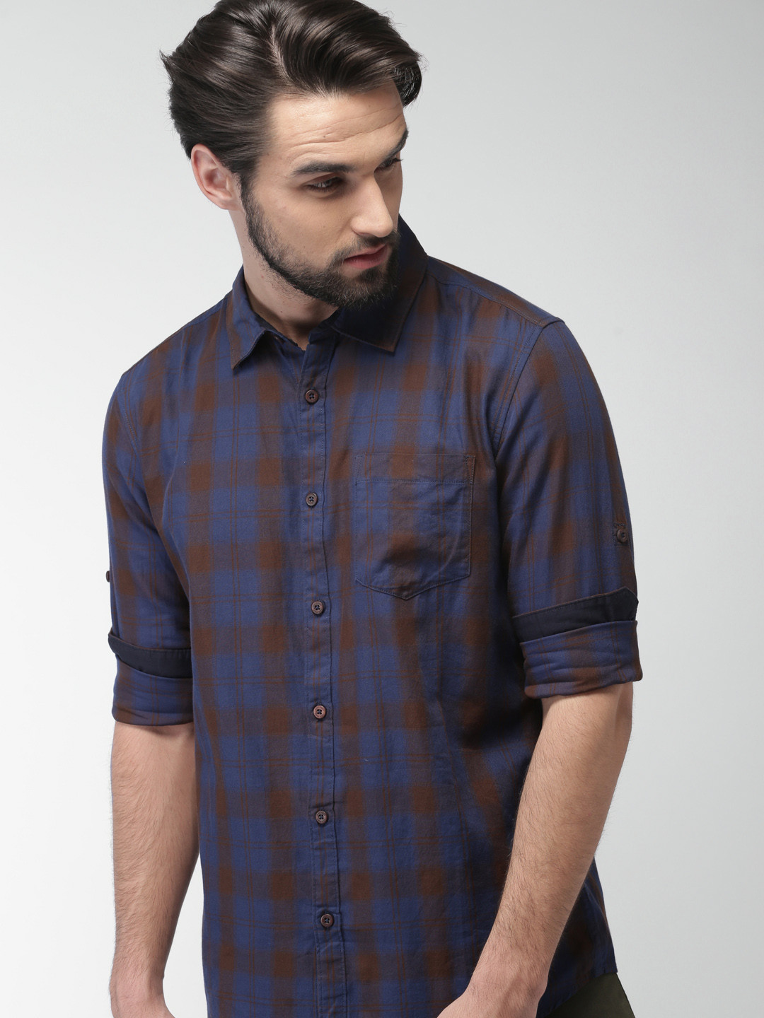 

HIGHLANDER Men Brown & Blue Slim Fit Checked Casual Shirt