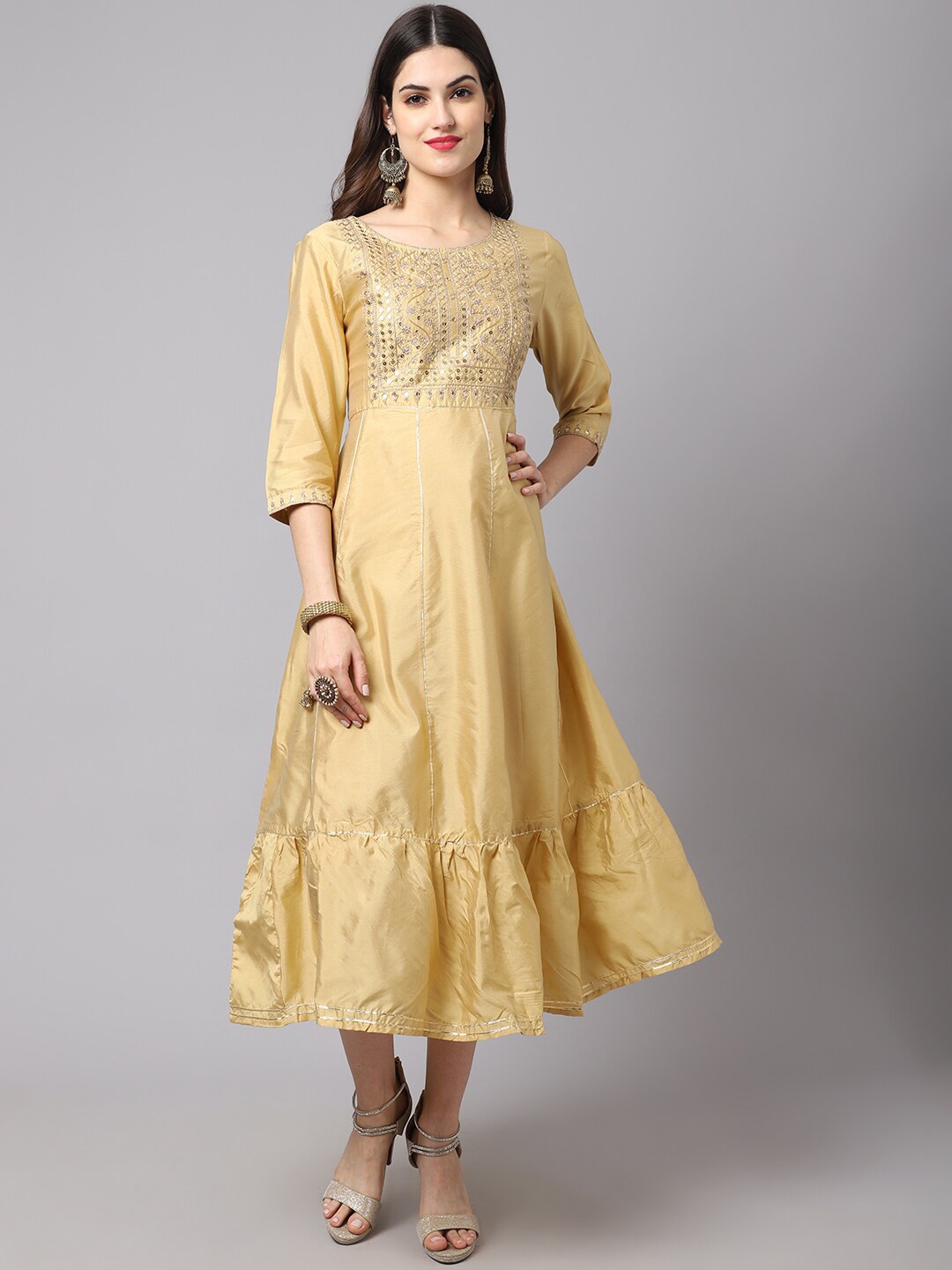 

ANAISA Camel Brown Ethnic Motifs A-Line Midi Dress