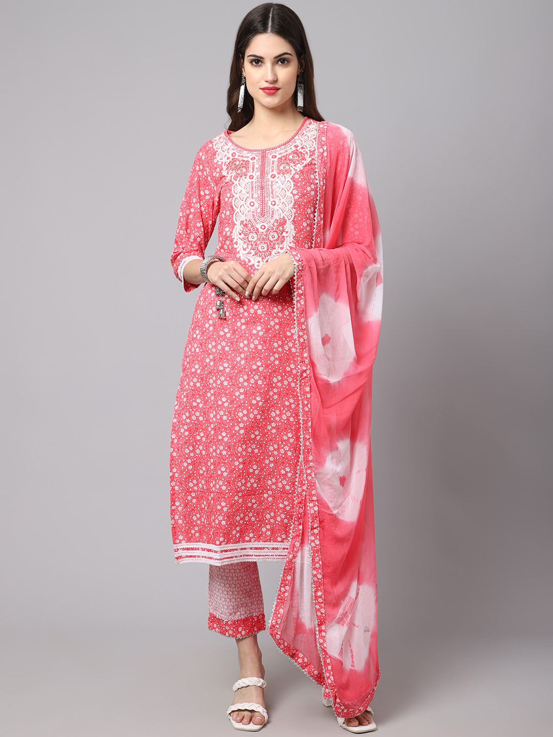 

ANAISA Women Pink Floral Yoke Design Pure Cotton Kurta with Trousers & With Dupatta