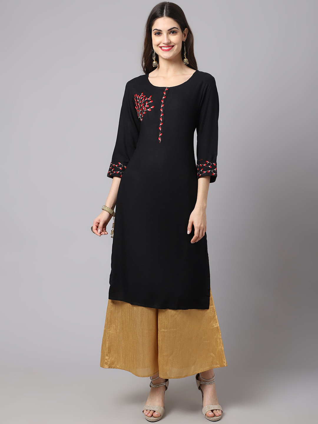 

ANAISA Women Black Floral Embroidered Kurta