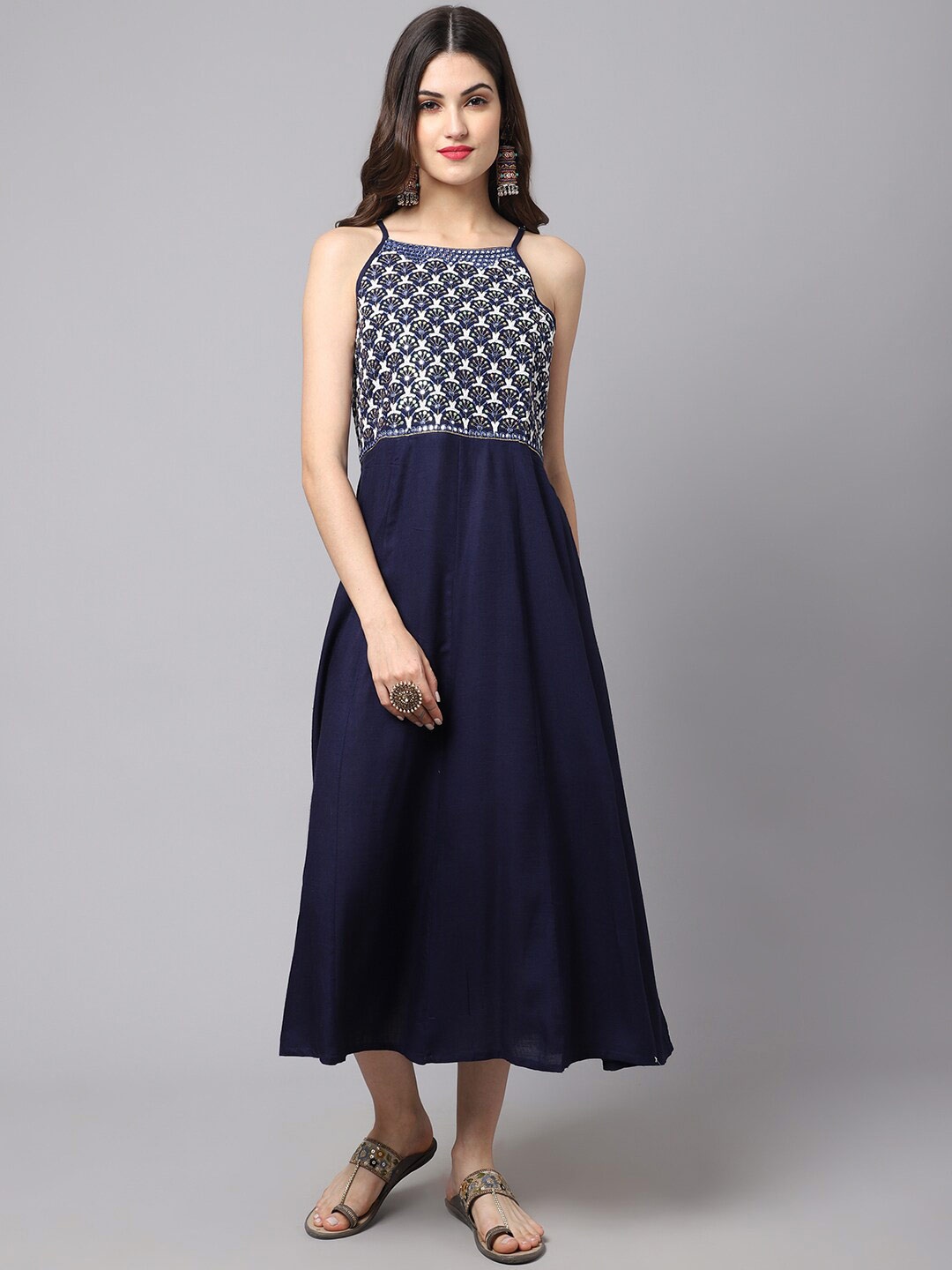 

ANAISA Navy Blue & White Ethnic Motifs Embroidered Ethnic Midi Dress