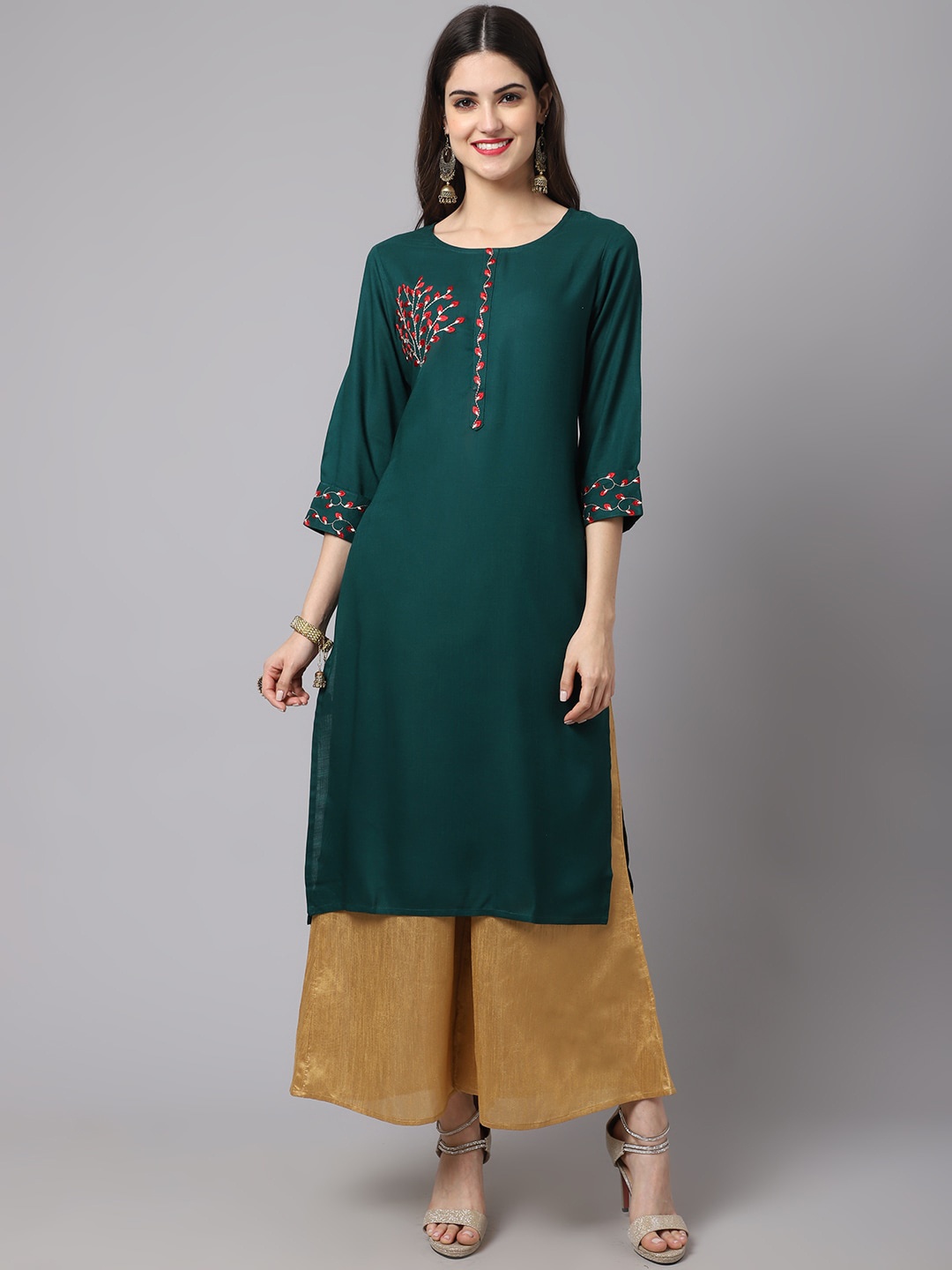 

Anaisa Women Green Rayon Slub Thread Embroidery Kurta