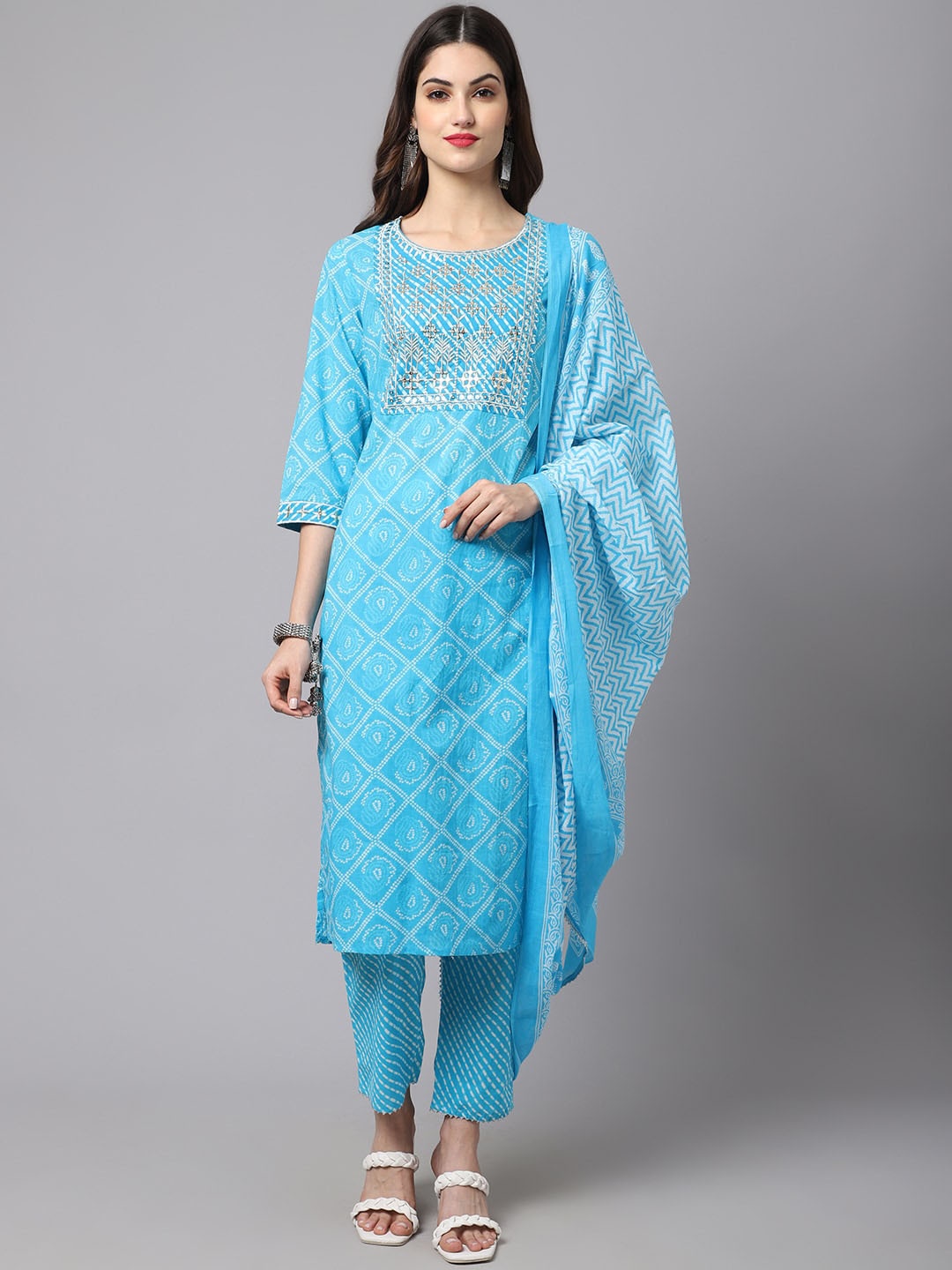 

ANAISA Women Turquoise Blue Ethnic Motifs Striped Panelled Sequinned Pure Cotton Kurta with Trousers & With