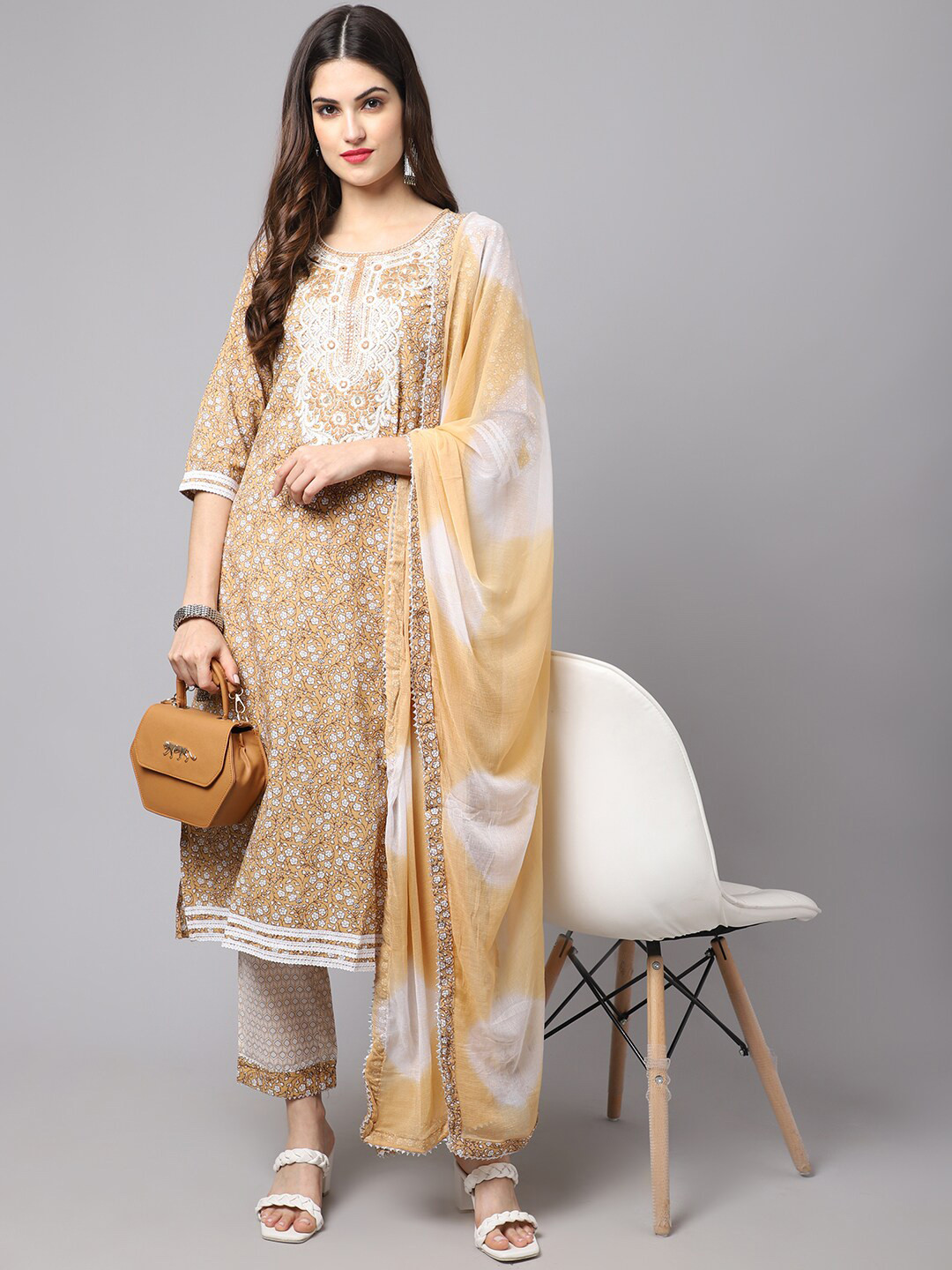 

ANAISA Women Beige Printed Thread Work Pure Cotton Kurta with Trousers & With Dupatta