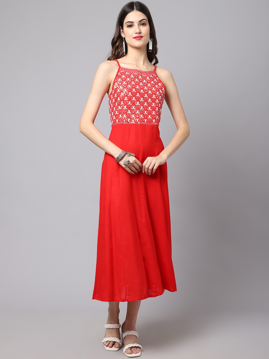 

ANAISA Red Embroidered Halter Neck Ethnic Midi Dress