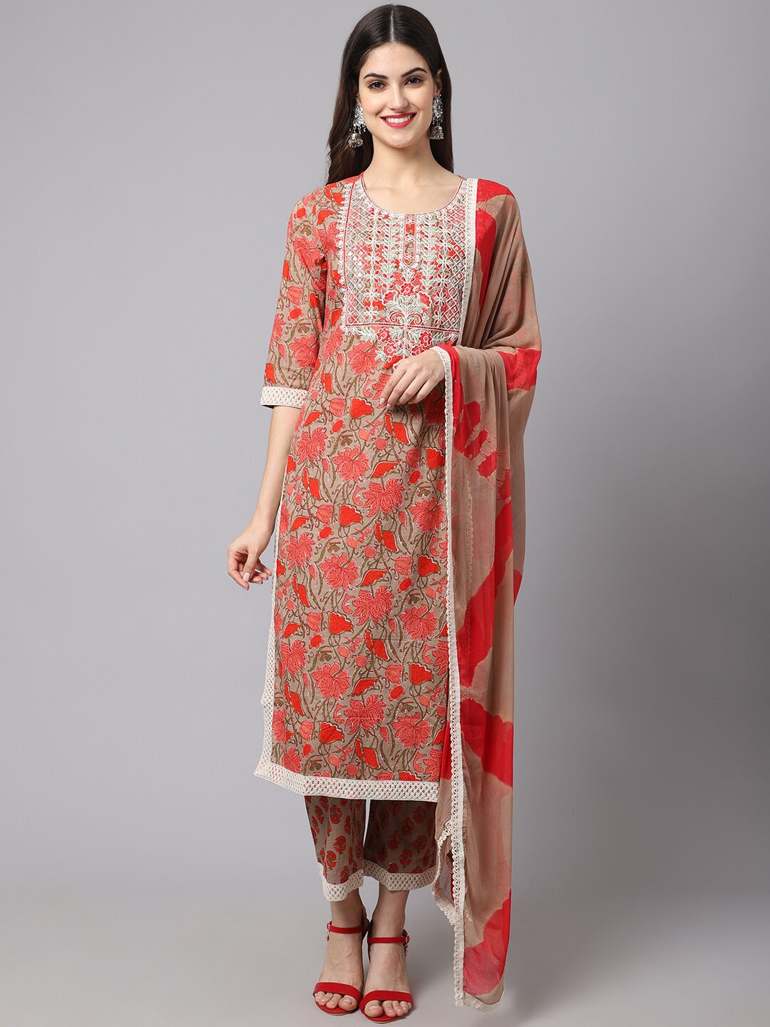 

ANAISA Women Red Floral Yoke Design Thread Work Pure Cotton Kurta with Trousers & With Dupatta