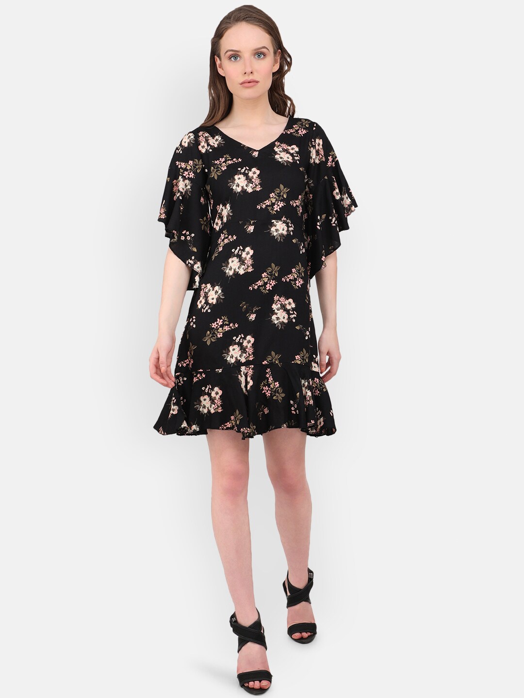 

MARC LOUIS Black & Pink Floral Printed A-Line Dress