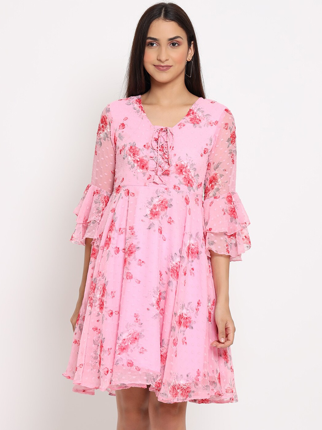 

MARC LOUIS Pink Floral Tie-Up Neck Chiffon Dress