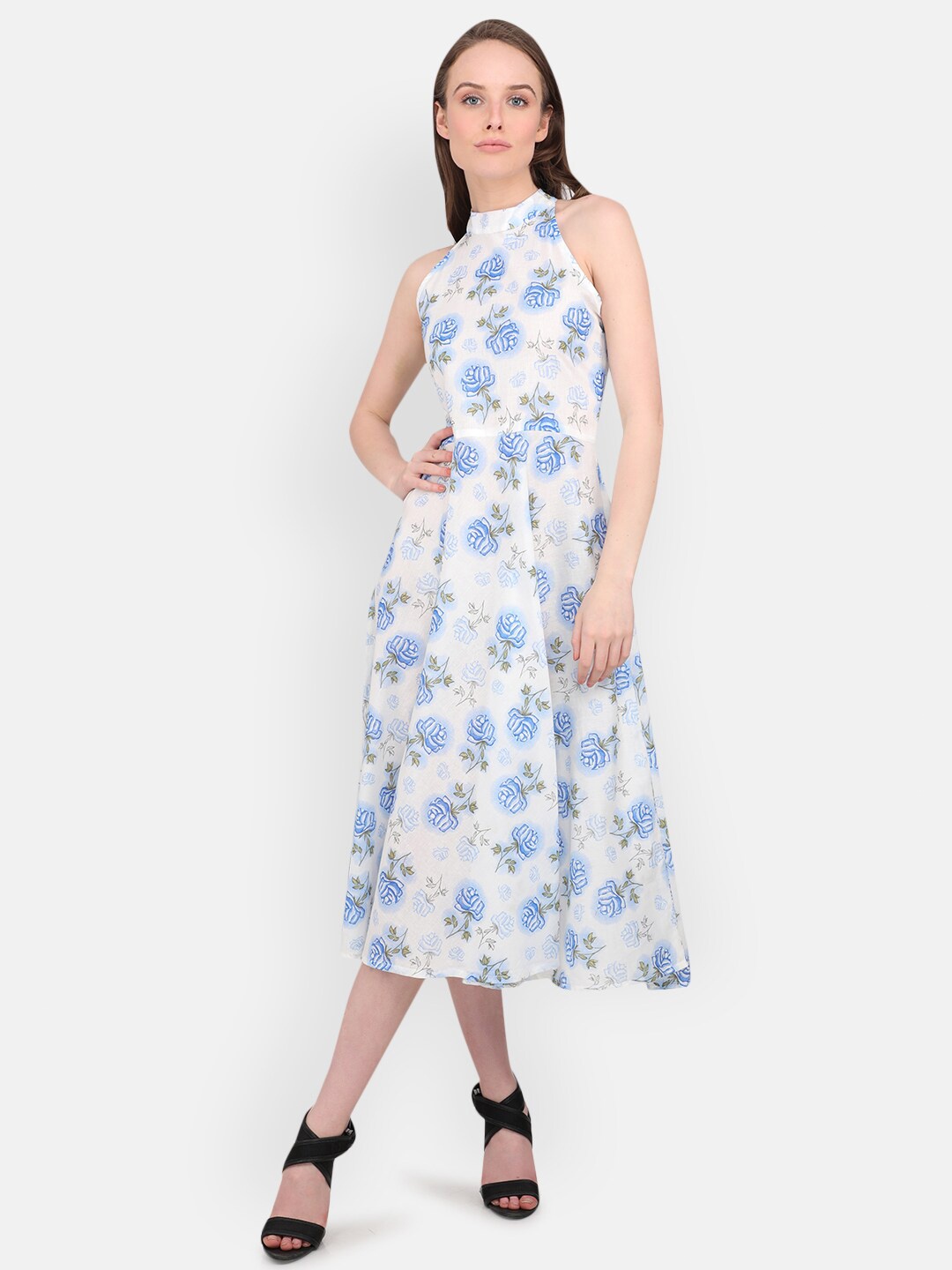 

MARC LOUIS White & Blue Floral Fit & Flare Midi Dress