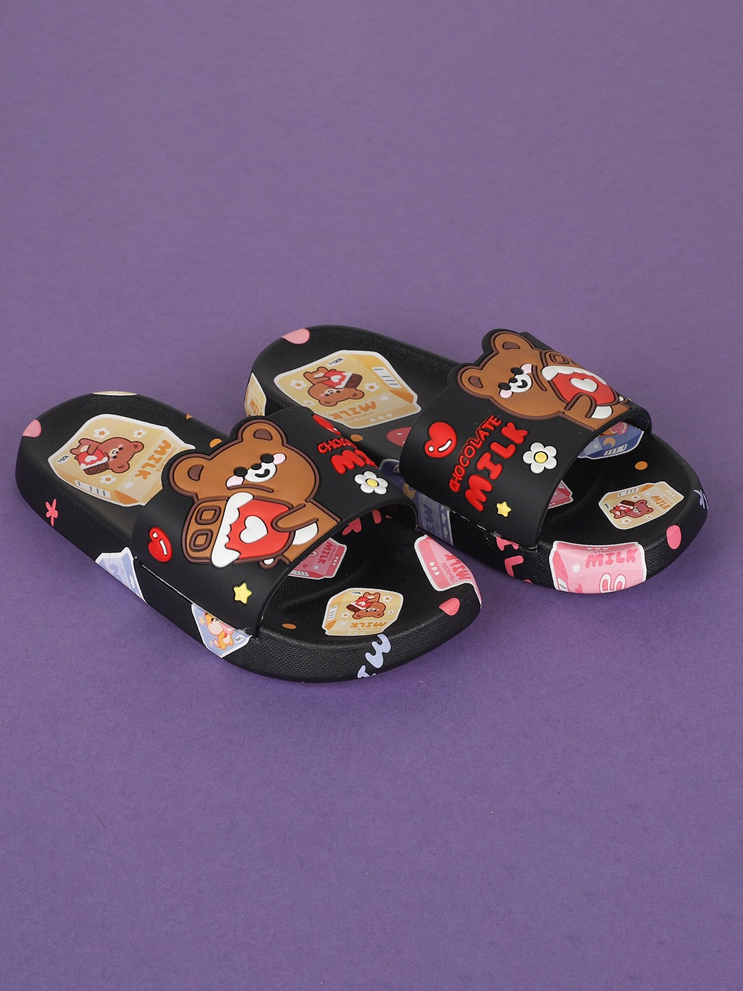 

FEETWELL SHOES Unisex Kids Black & Brown Printed Croslite Sliders