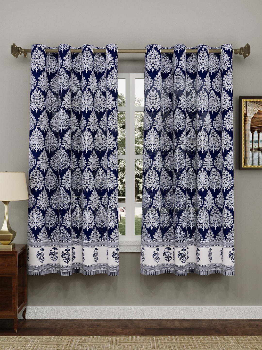 

BLOCKS OF INDIA Pack Of 2 Blue & Off White Ethnic Motifs Window Curtain