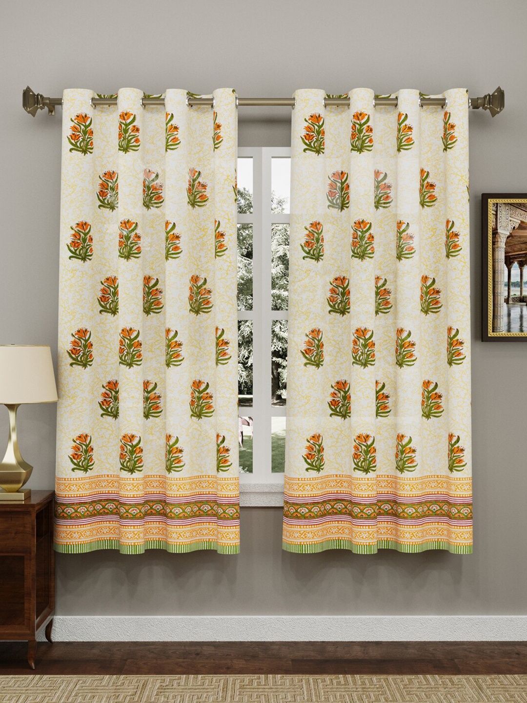 

BLOCKS OF INDIA Yellow & Orange Set of 2 Floral Window Curtains