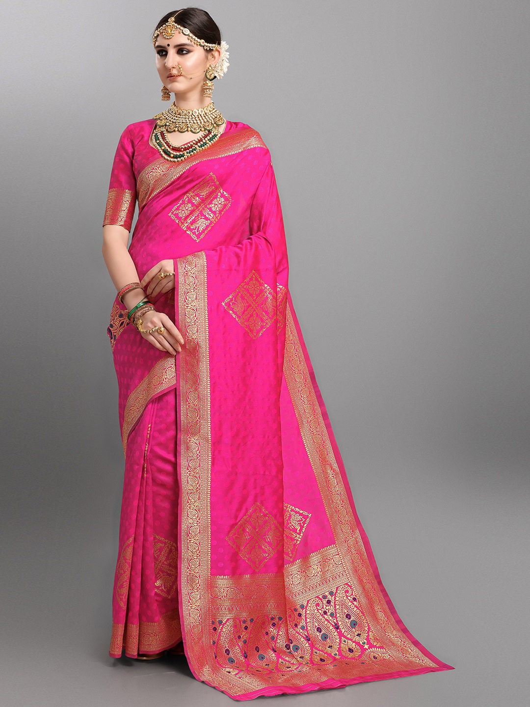 

Ethnic Junction Pink & Gold-Toned Woven Design Zari Silk Blend Banarasi Saree