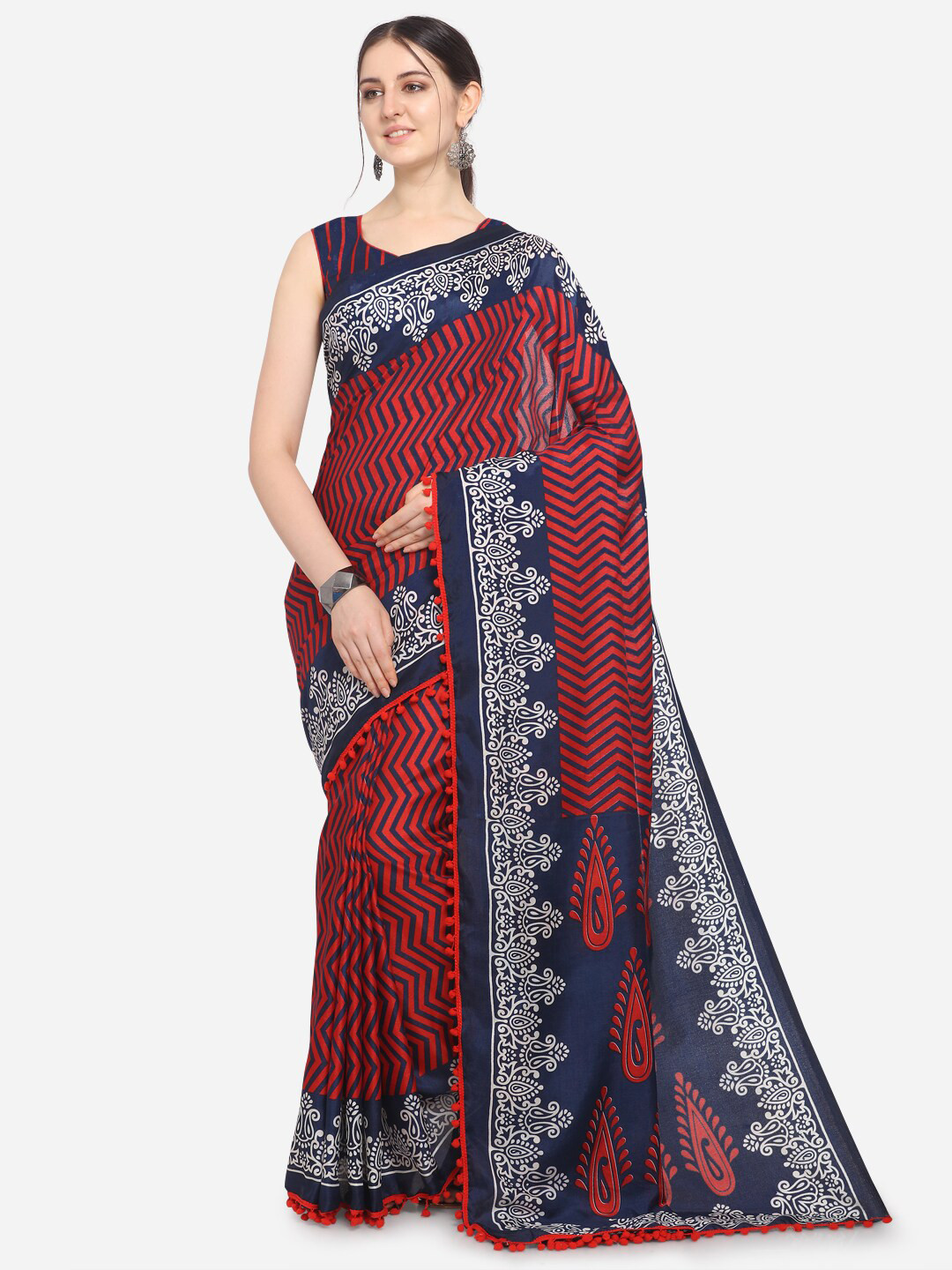 

HERE&NOW Red & Navy Blue Ethnic Motifs Silk Blend Saree