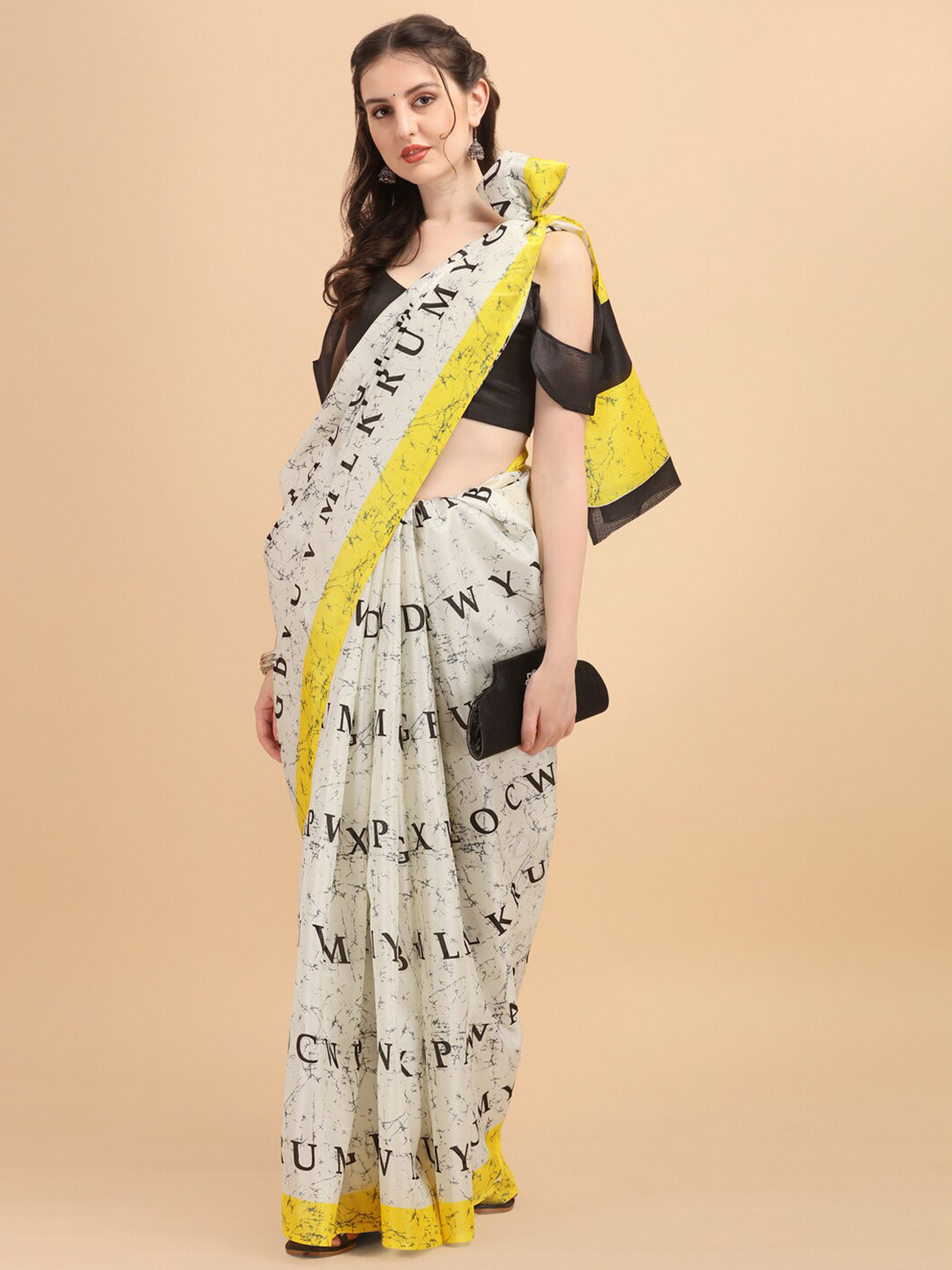 

HERENOW Women Printed Yellow Off White Art Silk Saree With Blouse Piece