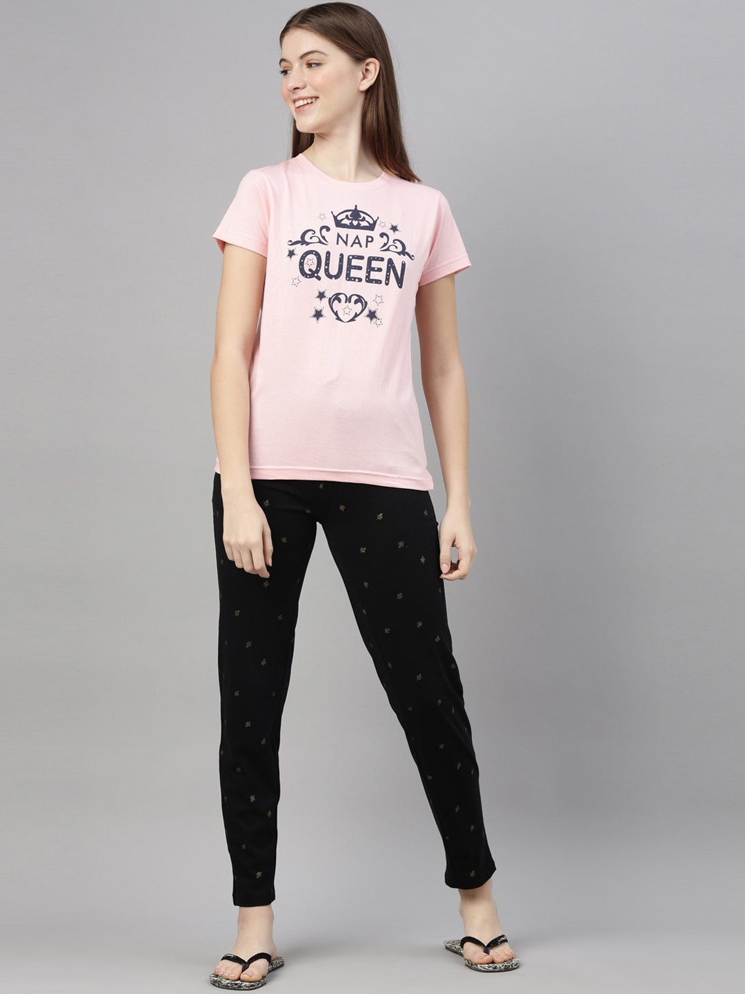 

Kryptic Women Pink & Black Printed Pure Cotton Night suit