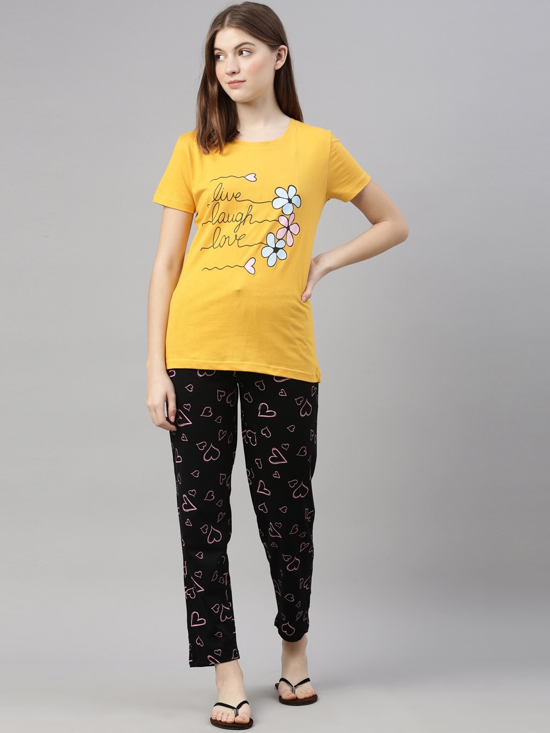 

Kryptic Women Mustard & Black Pure Cotton Printed Night suit
