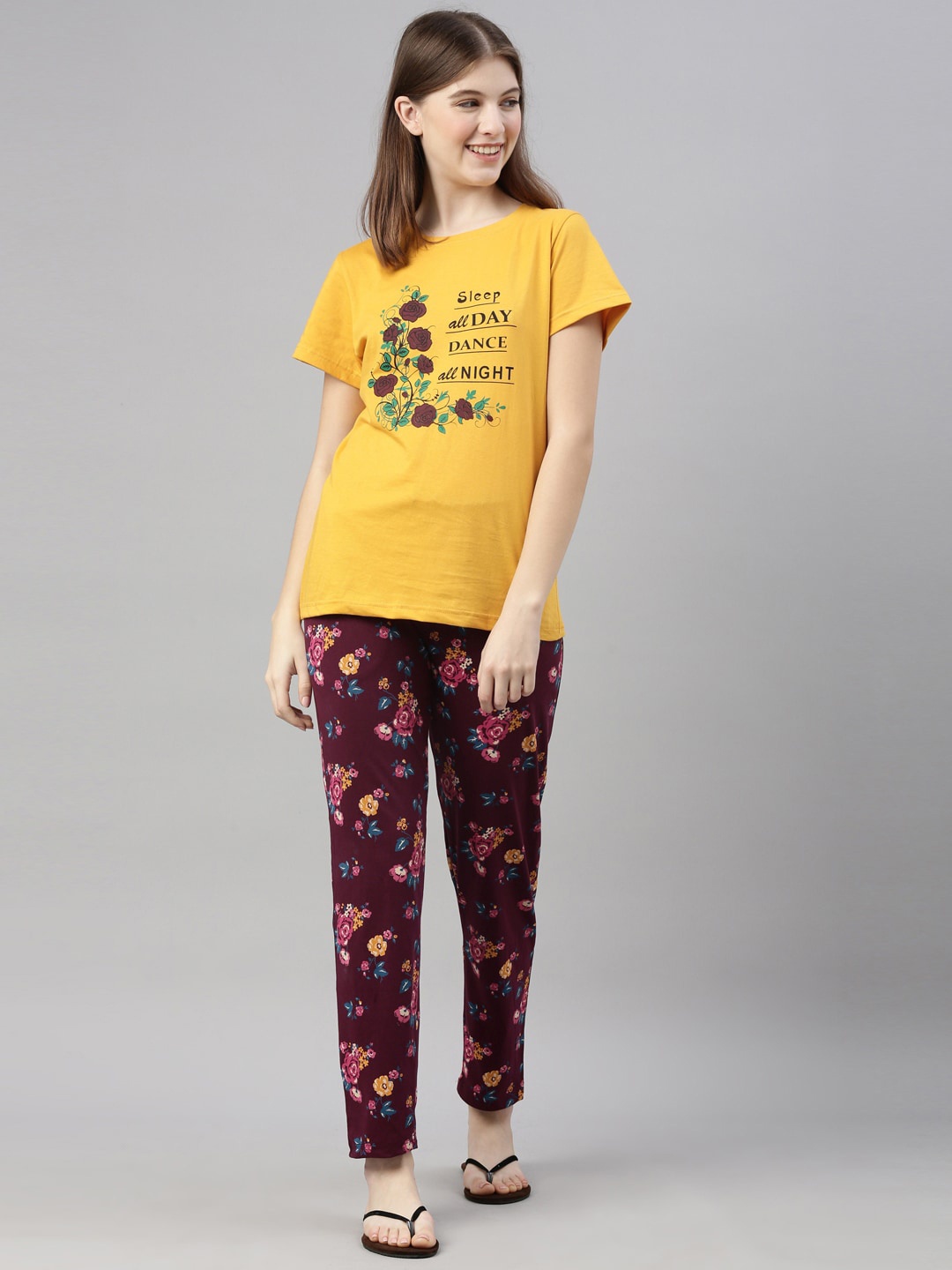 

Kryptic Women Mustard & Purple Printed Pure Cotton Night suit