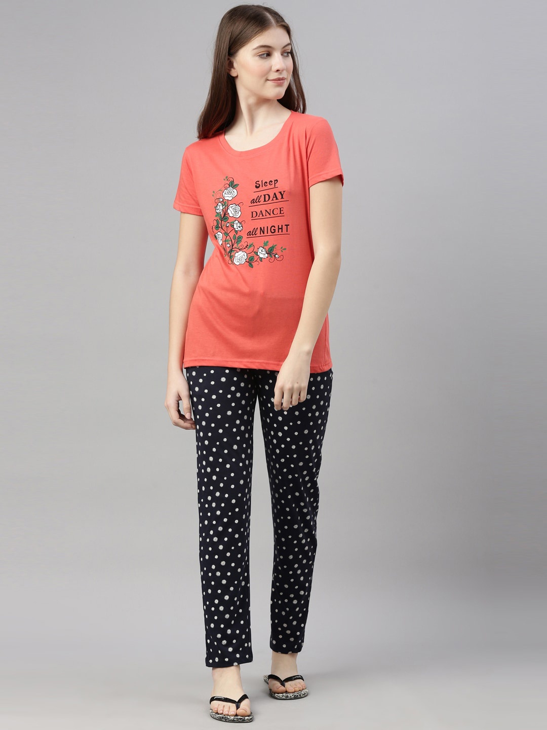 

Kryptic Women Coral & White Printed Night suit