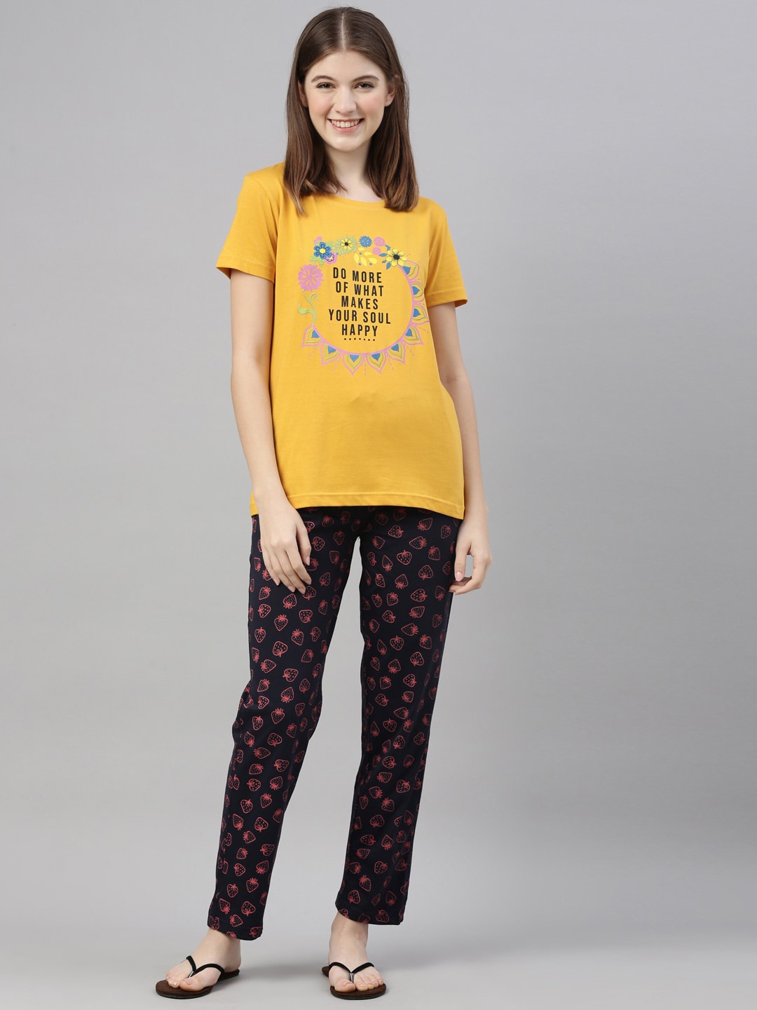 

Kryptic Women Mustard & Black Printed Night suit