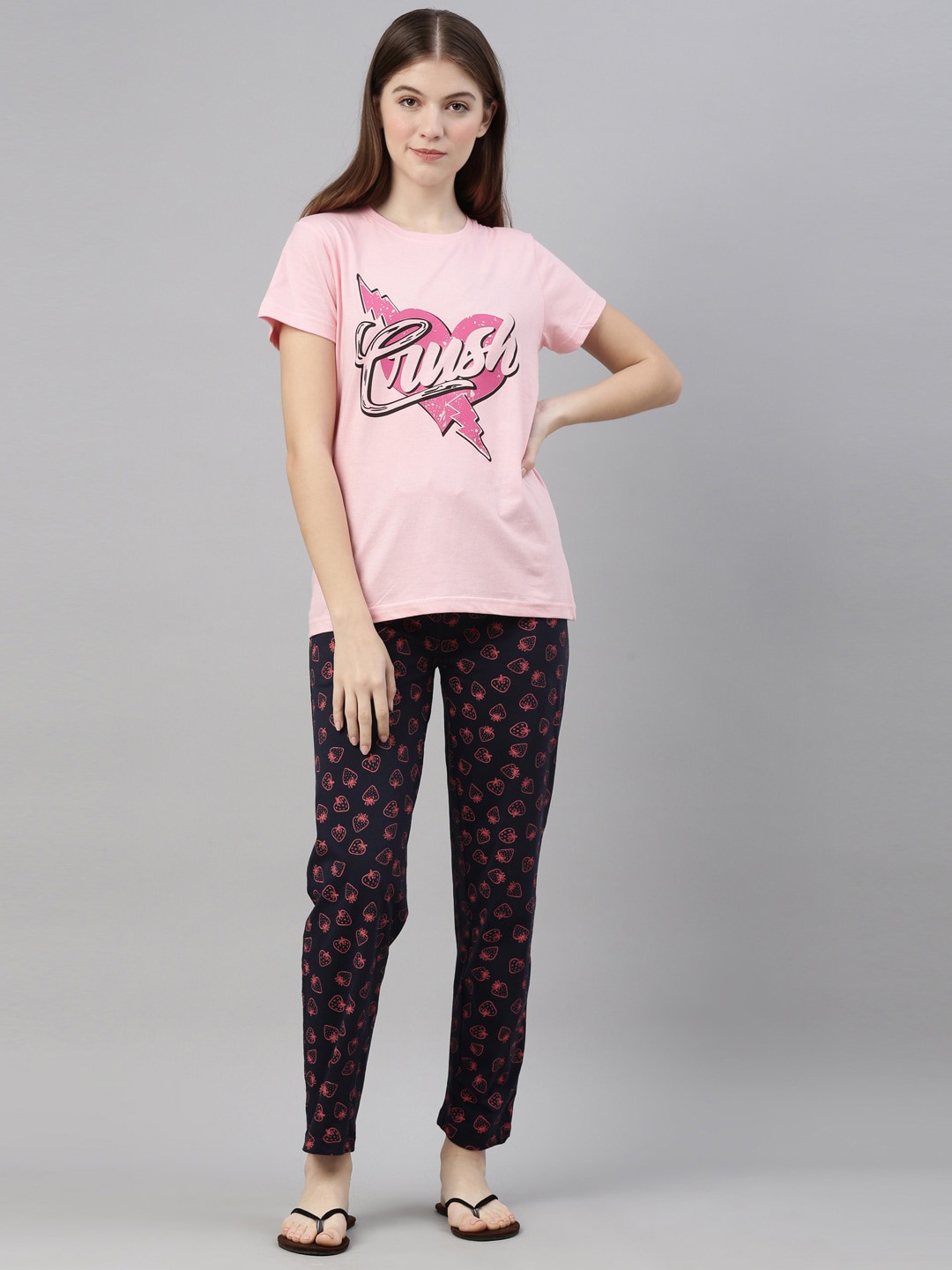 

Kryptic Women Pink And Black Printed Cotton Night suit