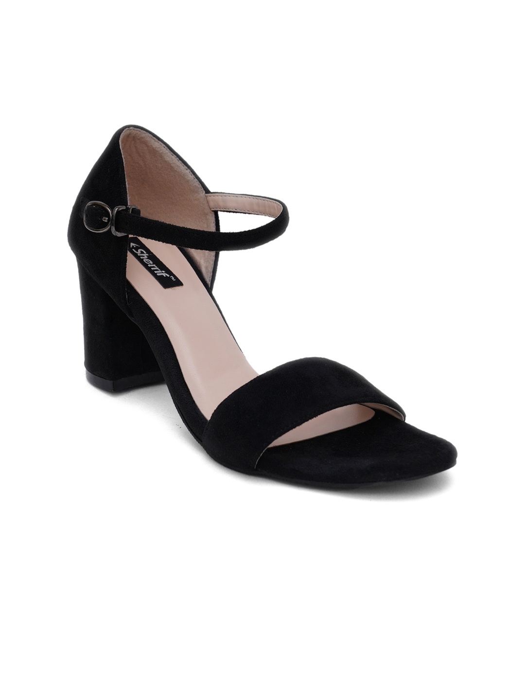 

Sherrif Shoes Black Suede Block Sandals with Buckles