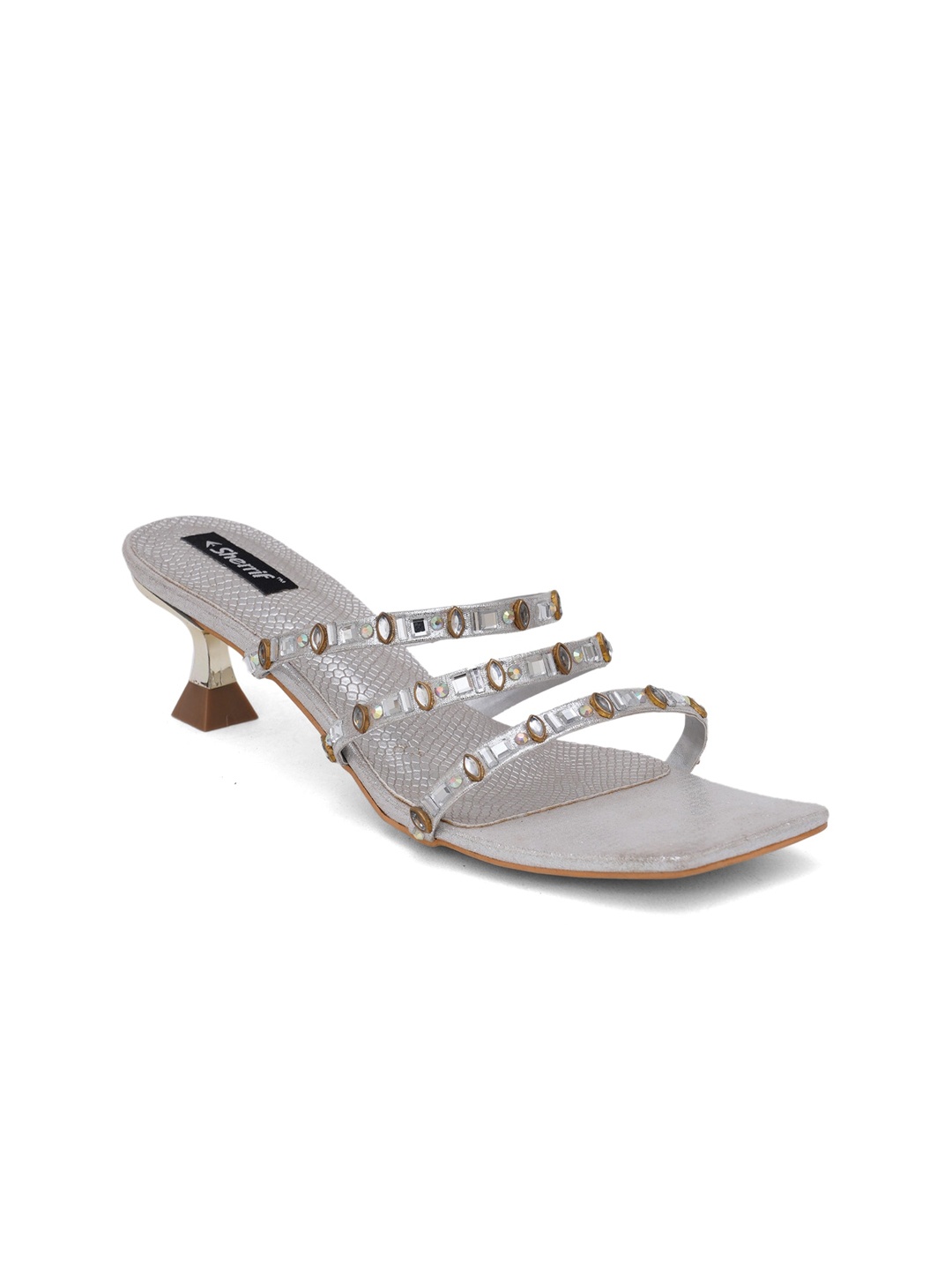 

Sherrif Shoes Silver-Toned Striped Party Kitten Mules