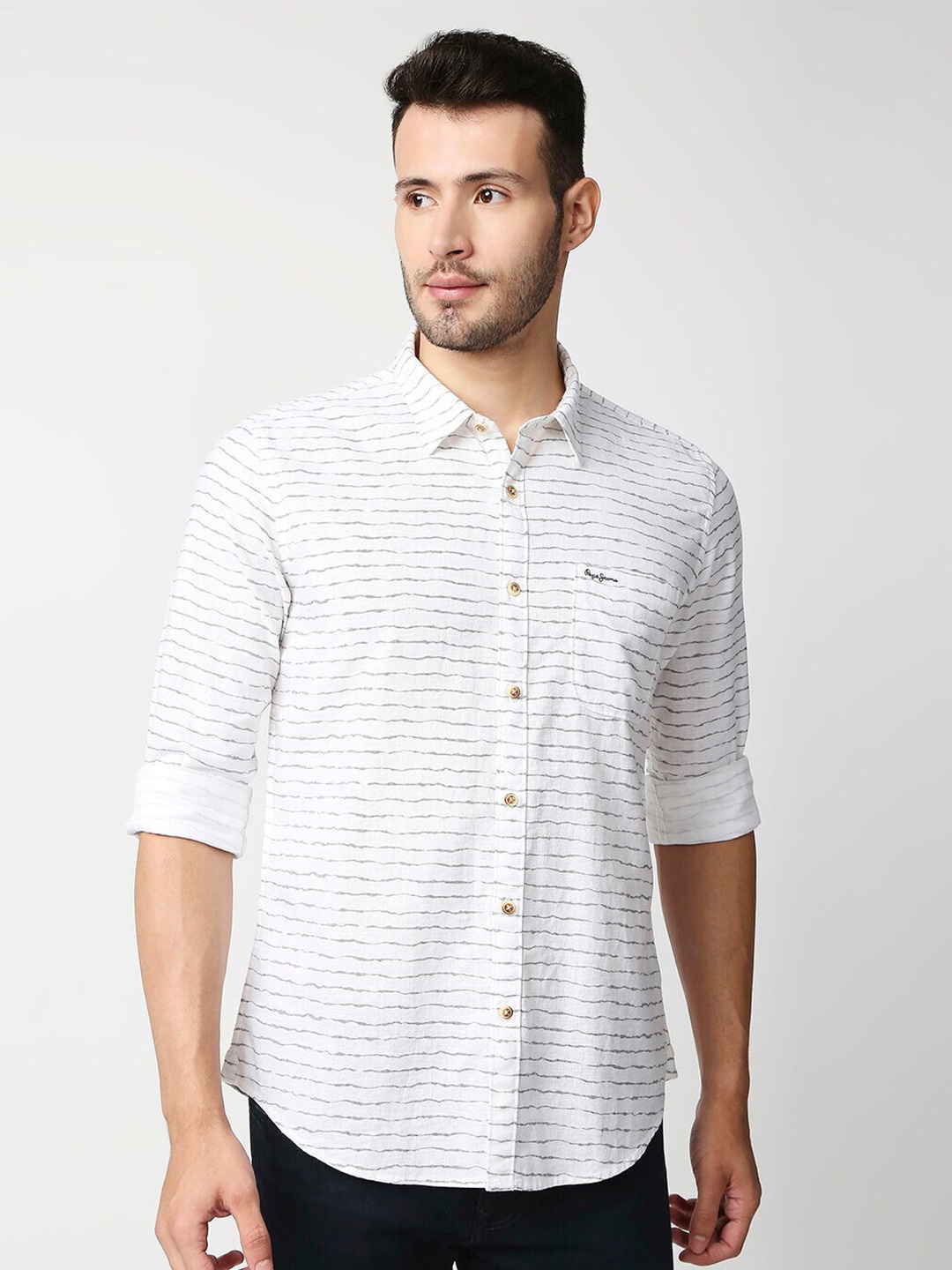 

Pepe Jeans Men White Horizontal Stripes Striped Linen Casual Shirt