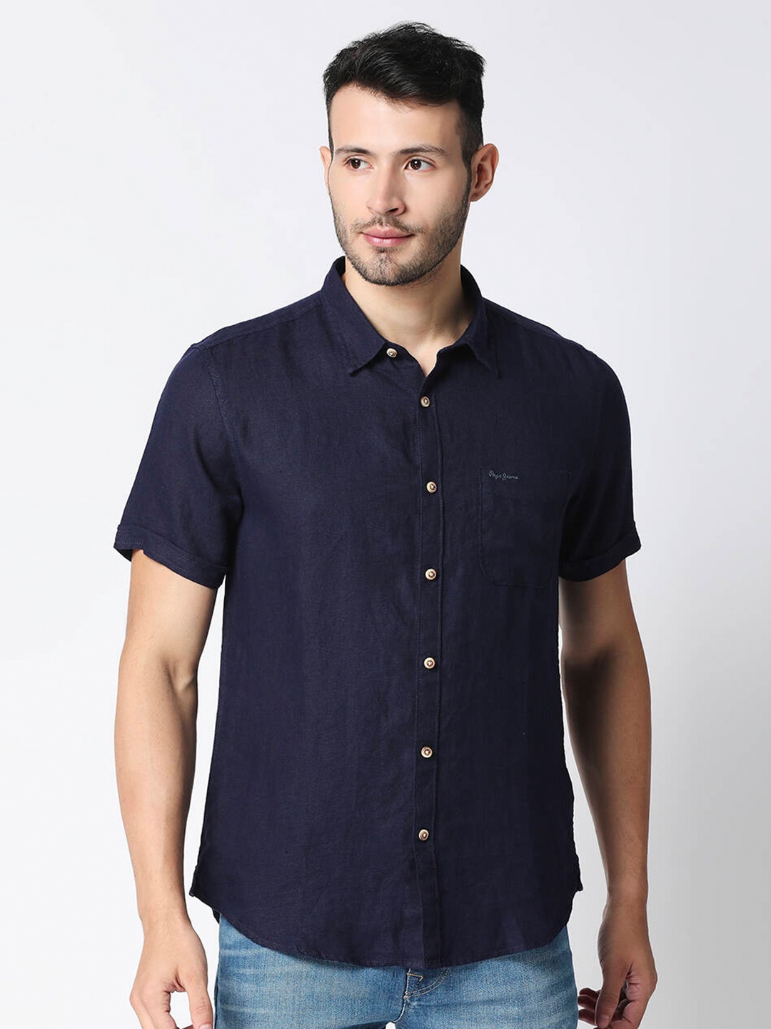 

Pepe Jeans Men Navy Blue Solid Casual Shirt