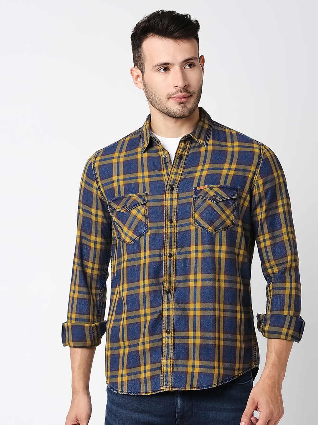 

Pepe Jeans Men Yellow Tartan Checks Long Roll-Up Sleeves Casual Shirt