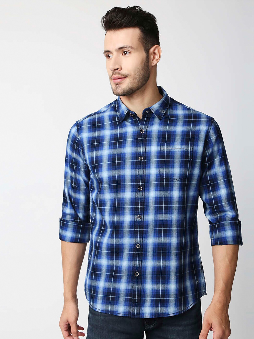 

Pepe Jeans Men Blue Tartan Checks Cotton Casual Shirt