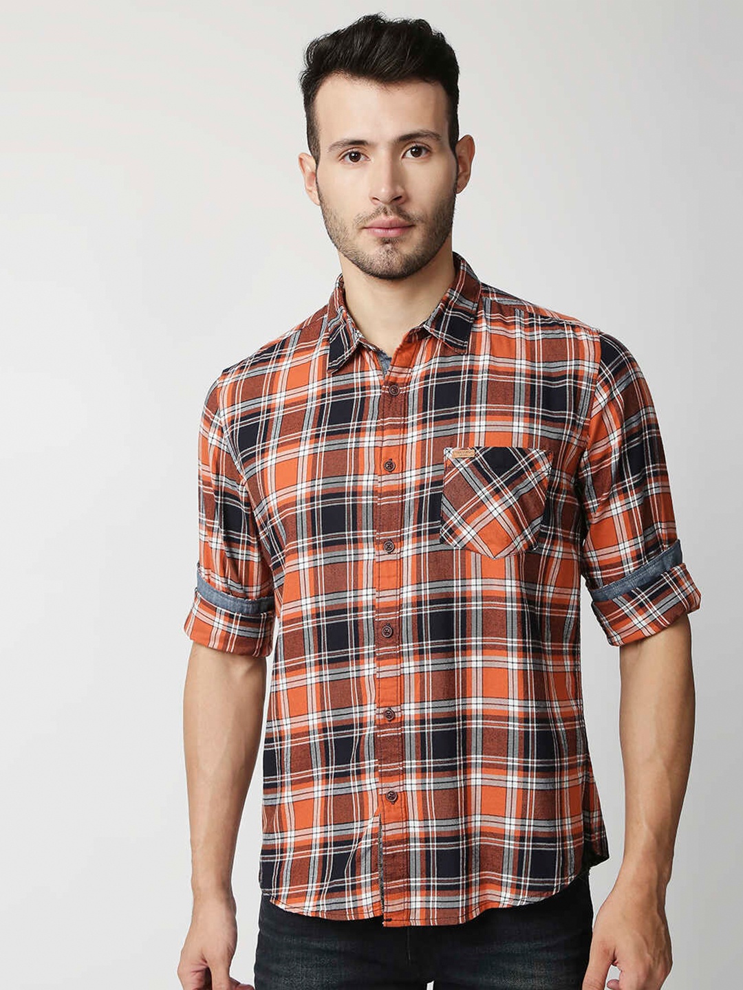 

Pepe Jeans Men Orange Tartan Checks Cotton Casual Shirt