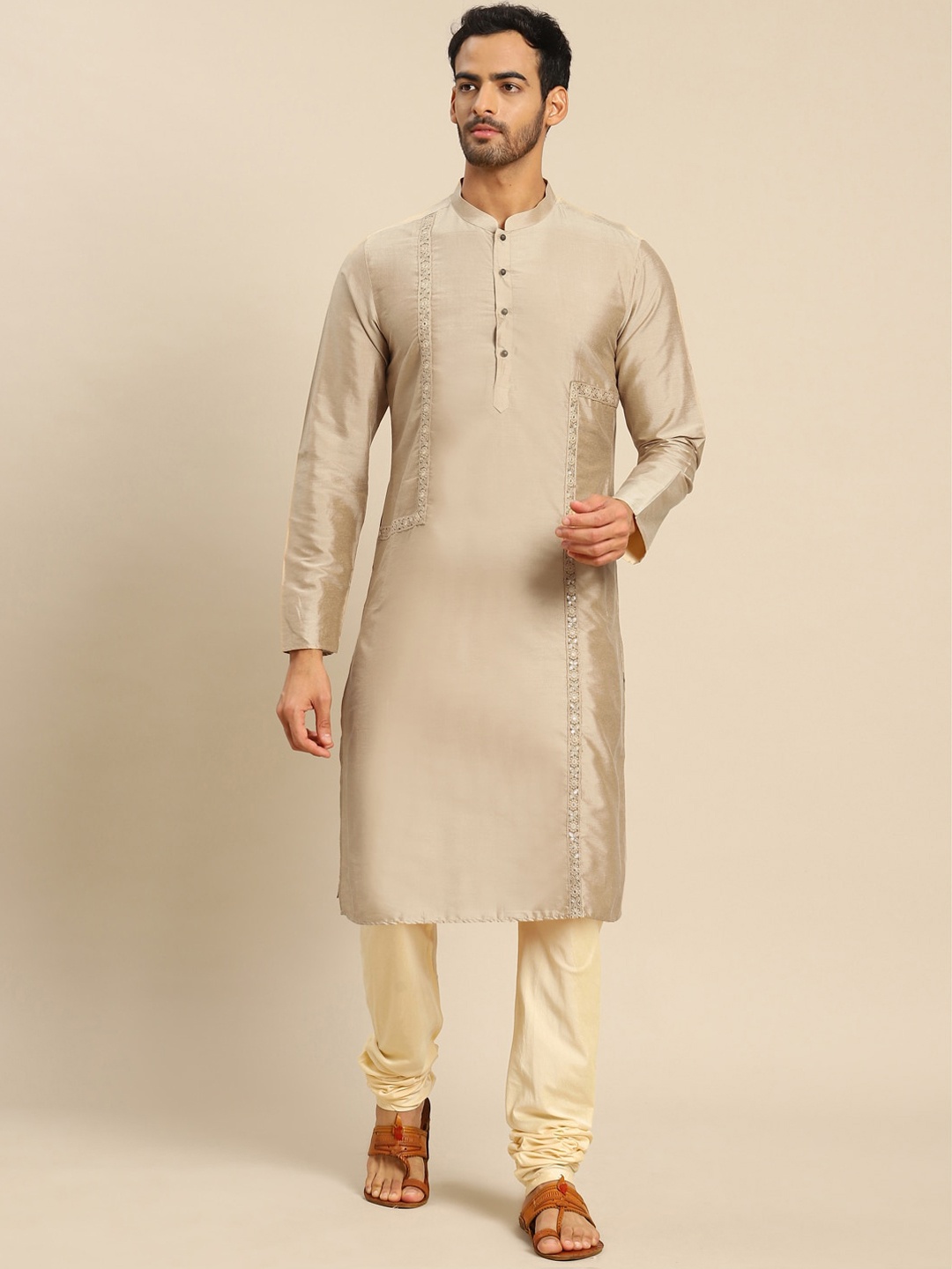 

KISAH Men Beige Embroidered Kurta with Churidar