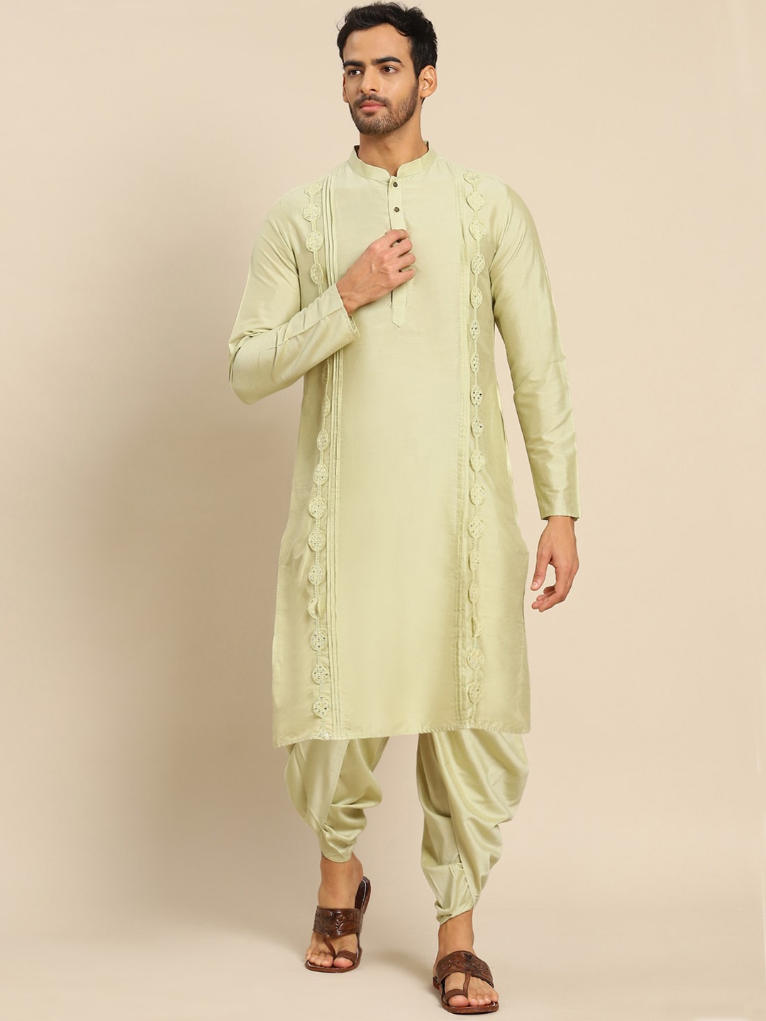 

KISAH Men Lime Green Mirror Work Kurta with Dhoti Pants