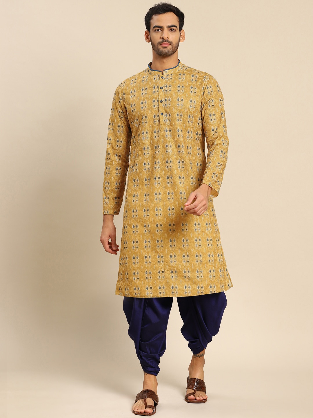 

KISAH Men Mustard Yellow Embroidered Kurta with Dhoti Pants