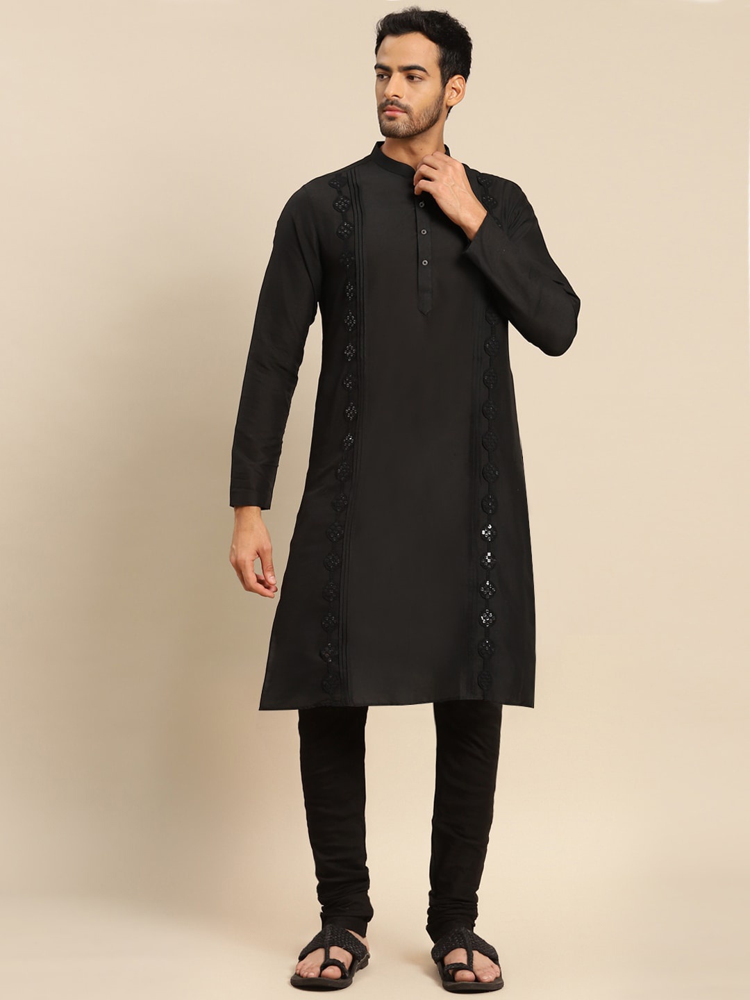 

KISAH Men Black Sequins Embroidered Kurta With Churidar Set