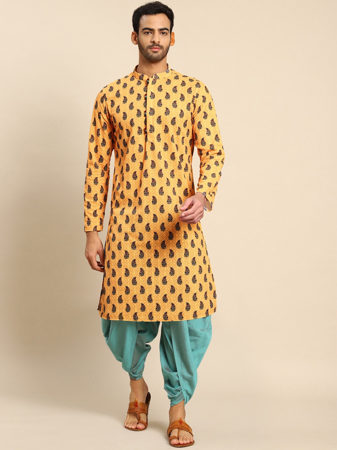 

KISAH Men Yellow Ethnic Motifs Kurta with Dhoti Pants
