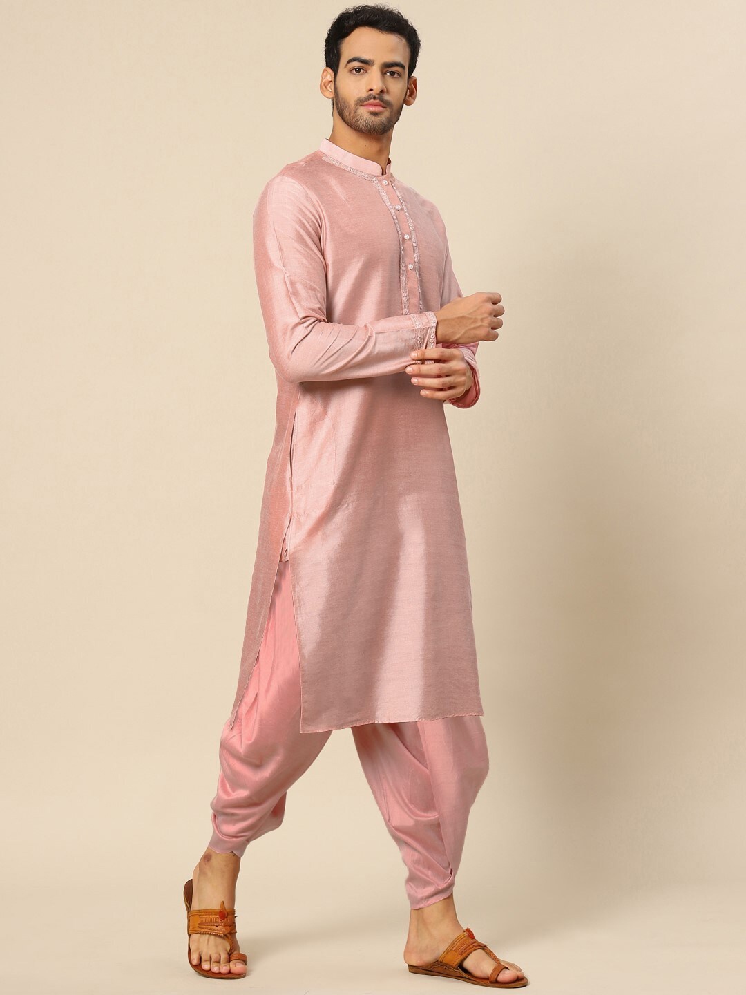 

KISAH Men Pink Mirror Work Kurta with Dhoti Pants