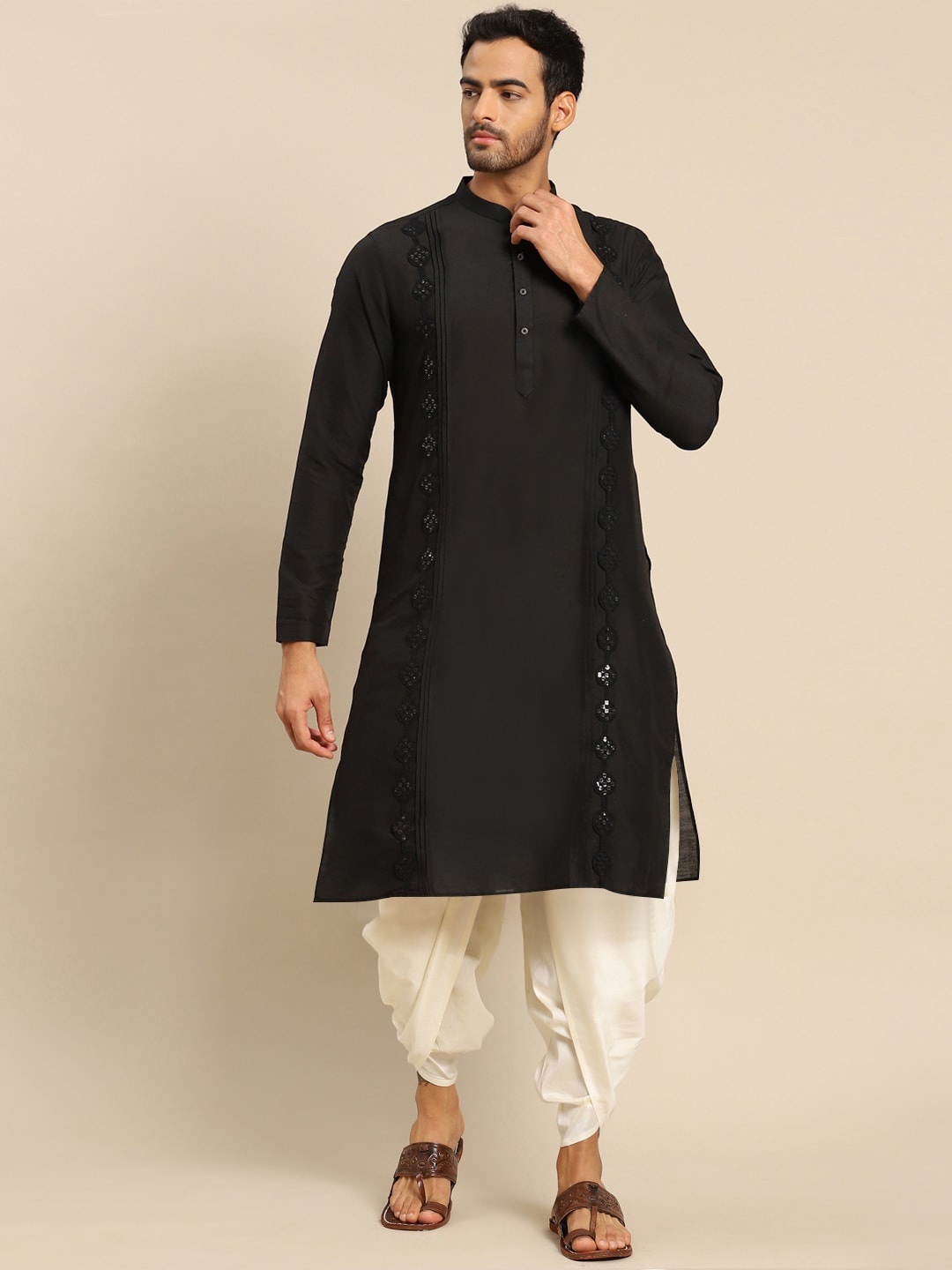 

KISAH Men Black Embroidered Beads and Stones Kurta with Dhoti Pants