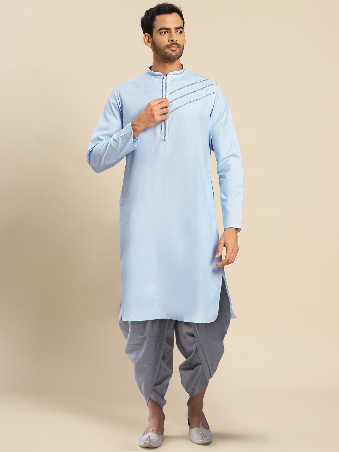 

KISAH Men Blue Yoke Design Thread Work Kurta with Dhoti Pants